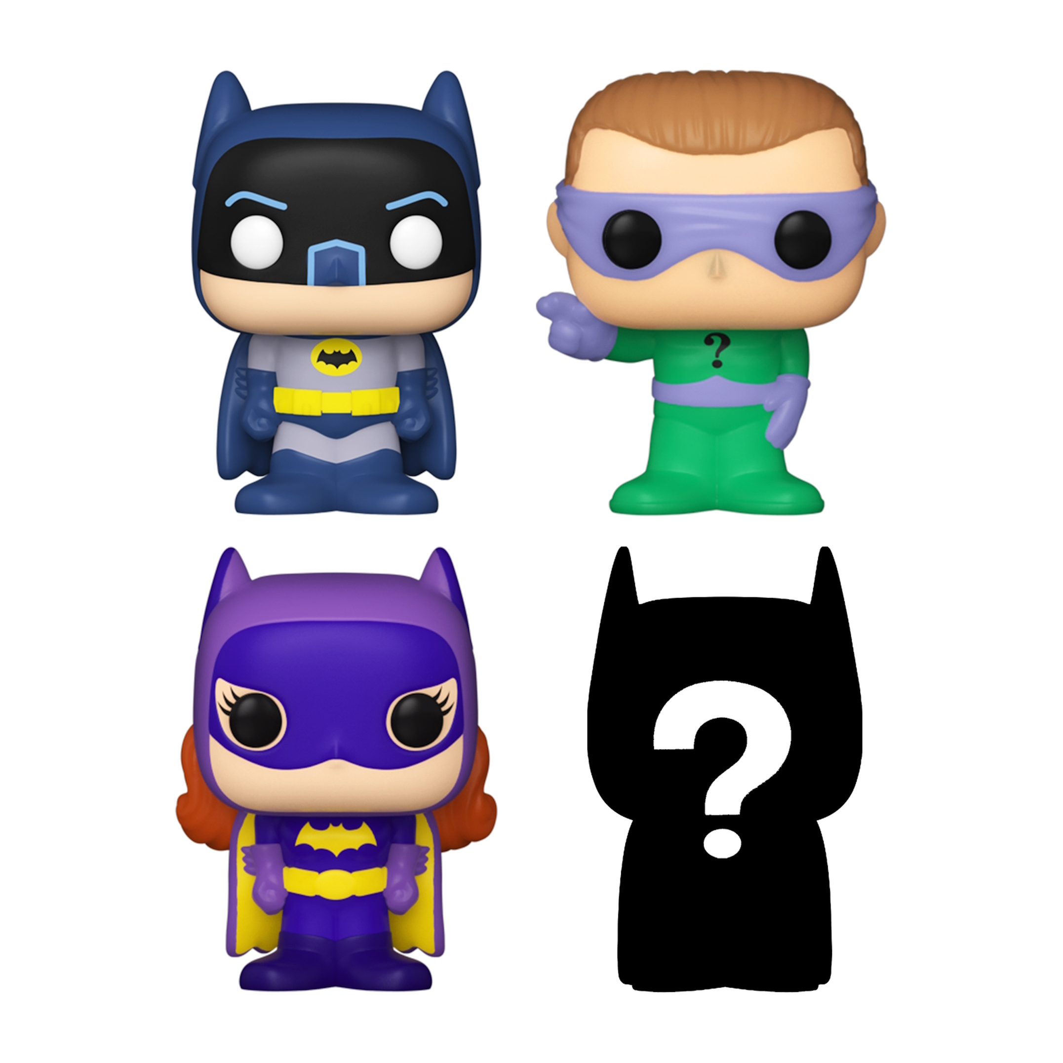 Quattro personaggi Funko Pop di Batman: Batman, l'Enigmista, Batgirl e una silhouette nera con un punto interrogativo.