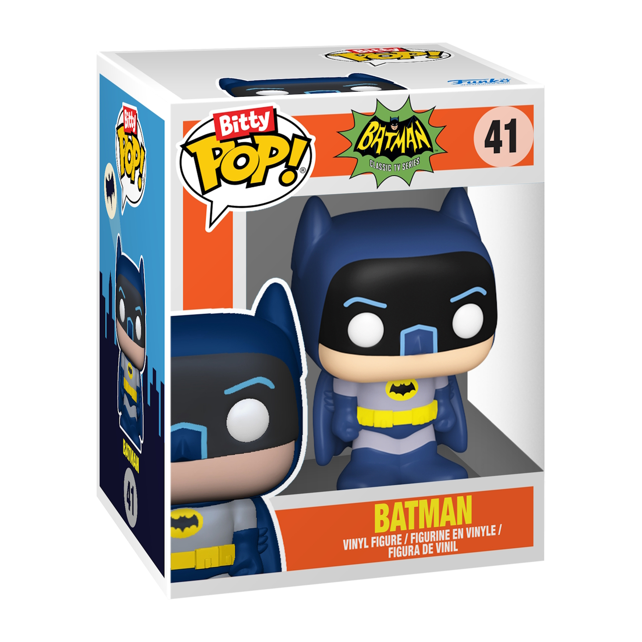 Figura Batman Bitty Pop. La figura è in un abito blu con mantello e maschera neri.