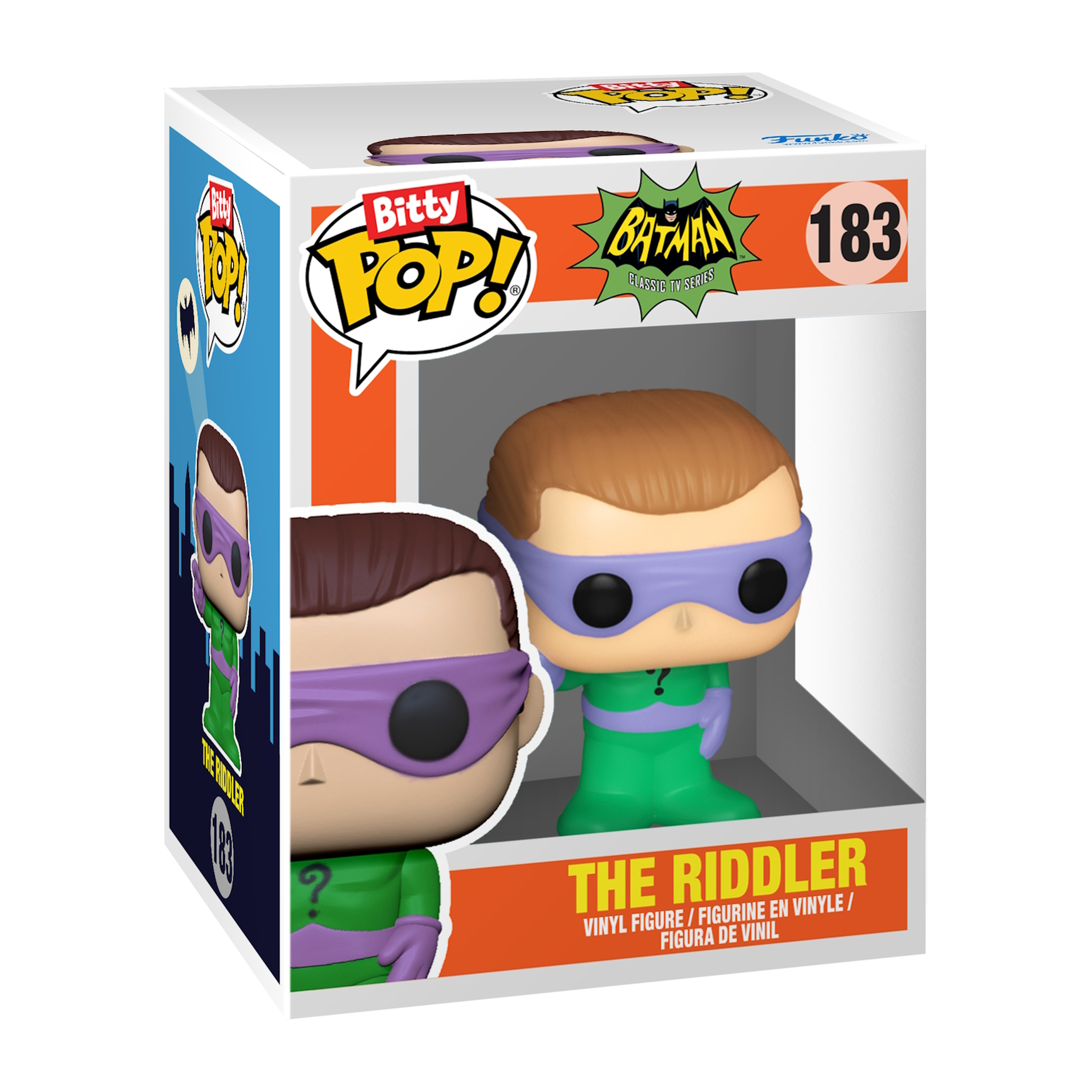 Una figura Funko Pop di The Riddler da Batman, in una scatola con il logo di The Riddler.