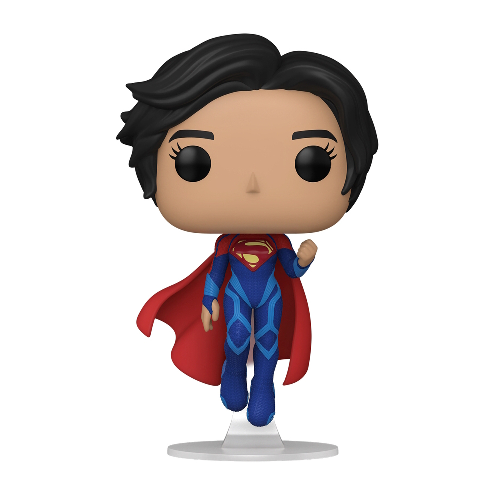 Funko Pop de una mujer con un traje de Superman azul y rojo, cabello negro y capa.