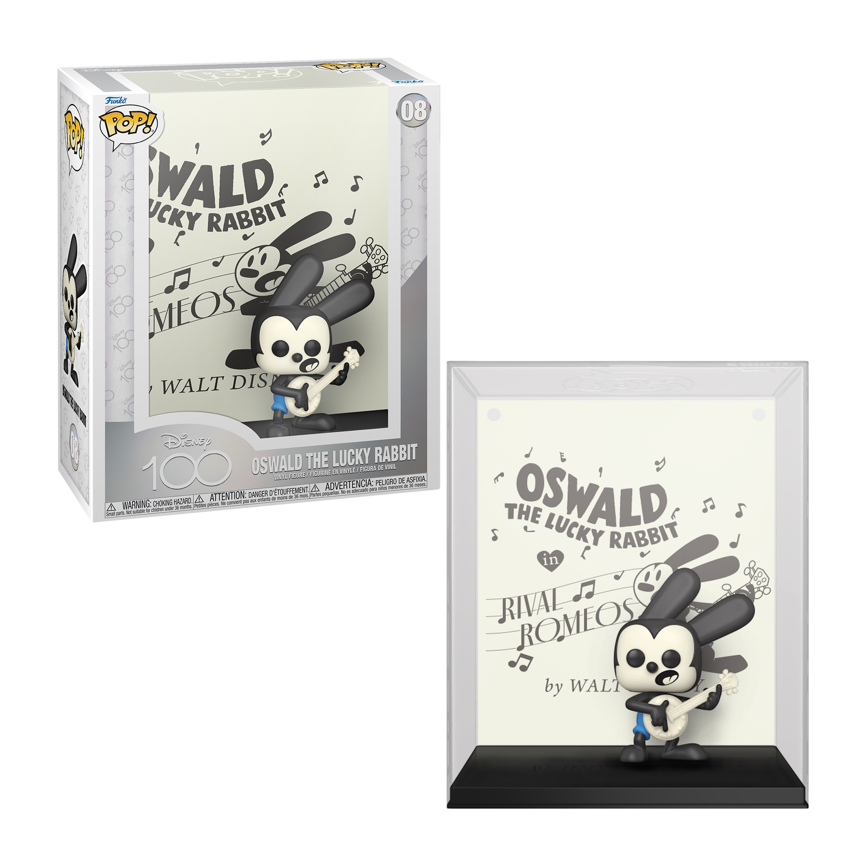 Figura Funko Pop! de Oswald el conejo afortunado en caja y expuesta. Estilo de dibujos animados en blanco y negro.