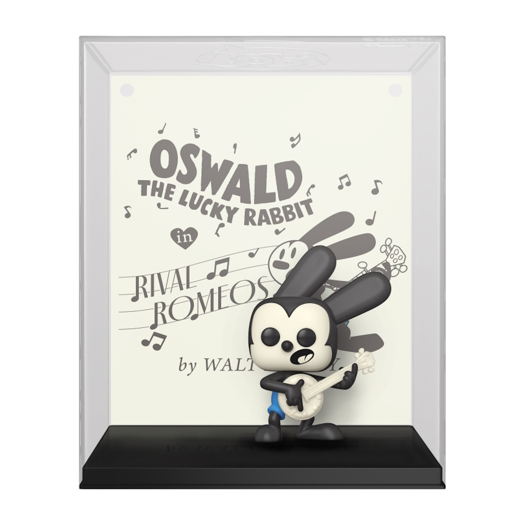 Figura de Oswald el Conejo Afortunado dentro de una vitrina, sosteniendo un banjo. Fondo con partituras.