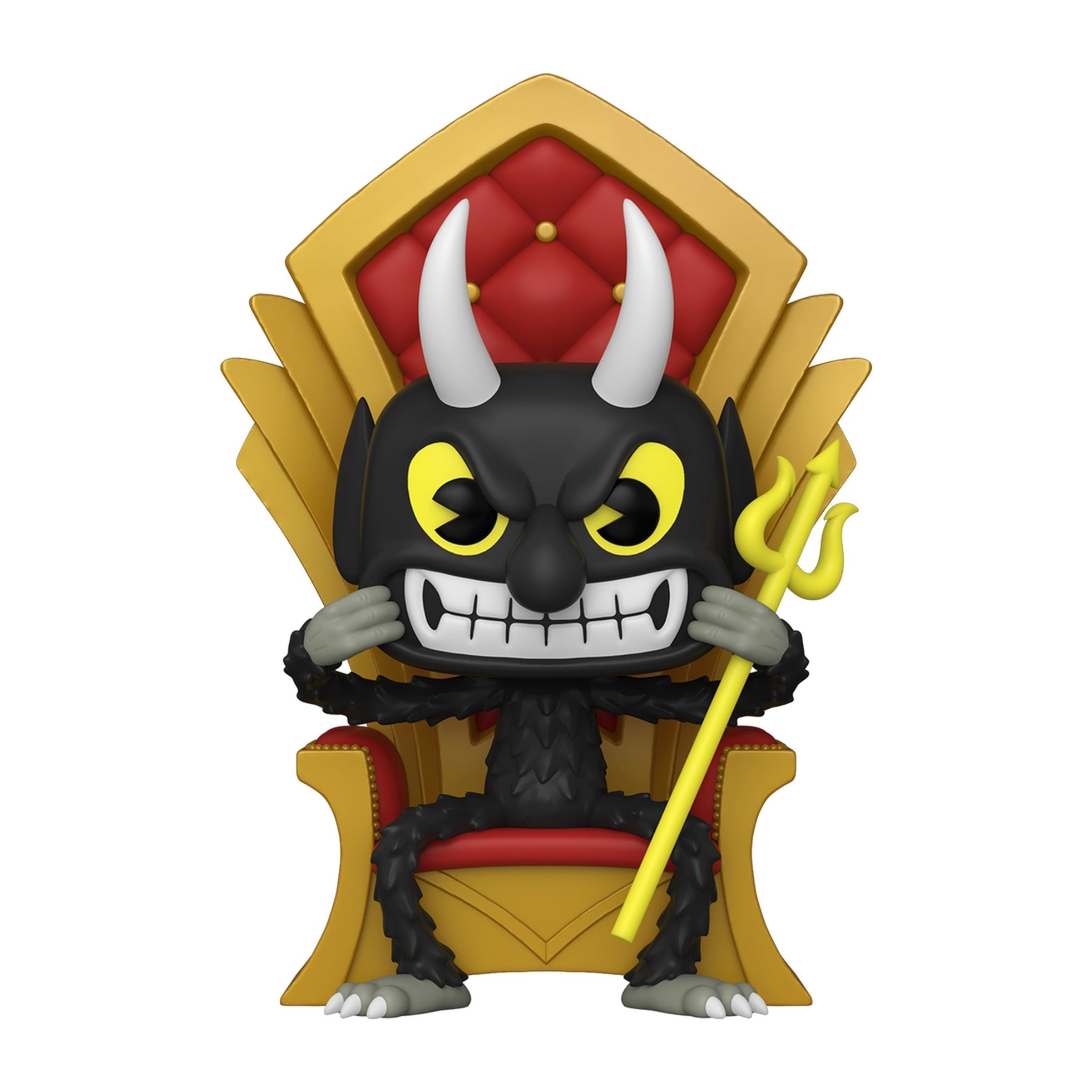Eine Funko Pop Figur des Teufels, mit Hörnern und einem Dreizack, auf einem goldenen Thron sitzend.