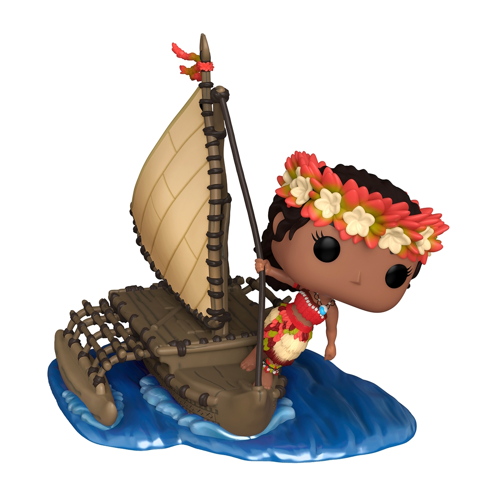 Figura Funko Pop de Moana en una balsa, navegando en agua azul, con corona de flores.