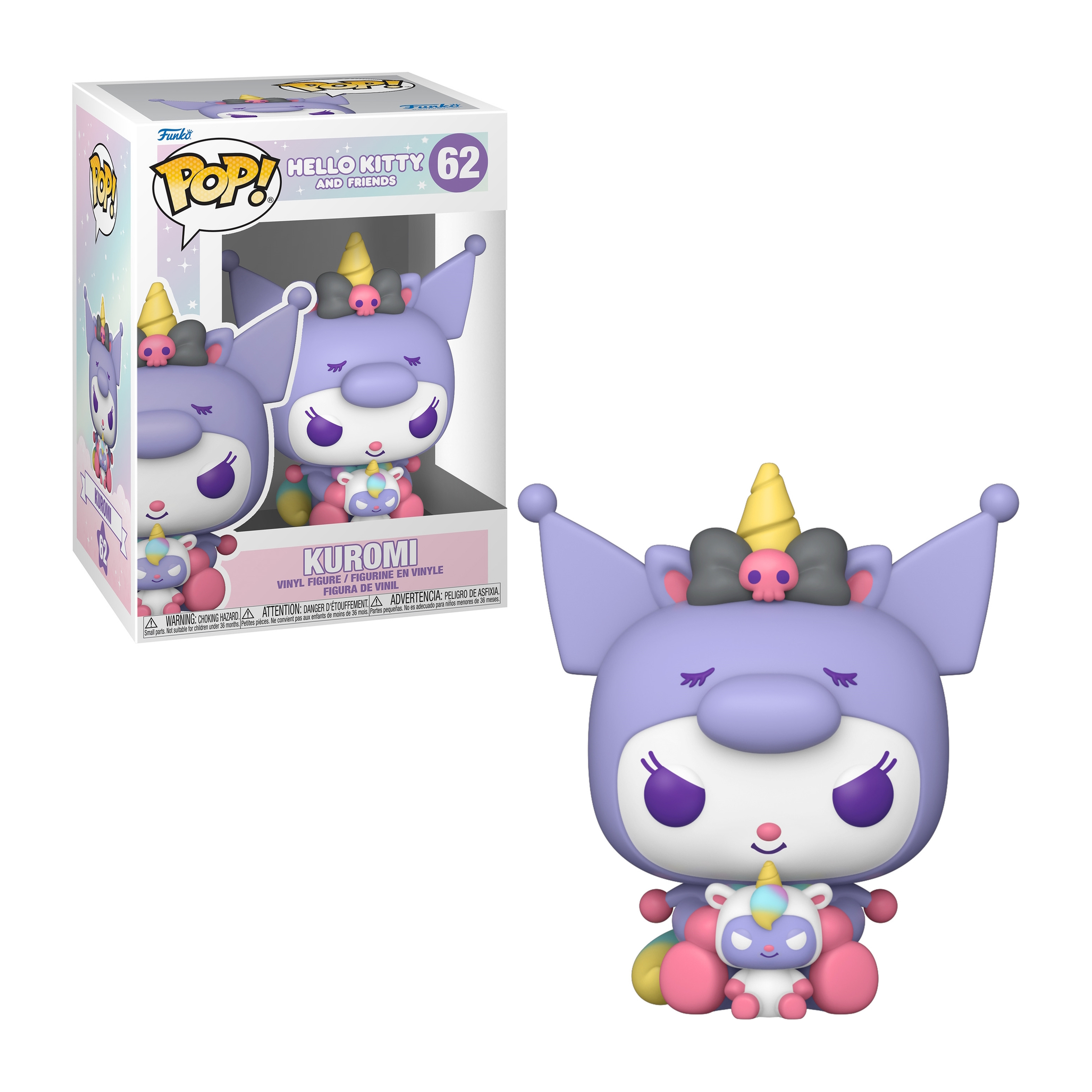 Figura Kuromi Funko Pop con caja. Es un personaje morado con un lazo negro y un cuerno de unicornio.