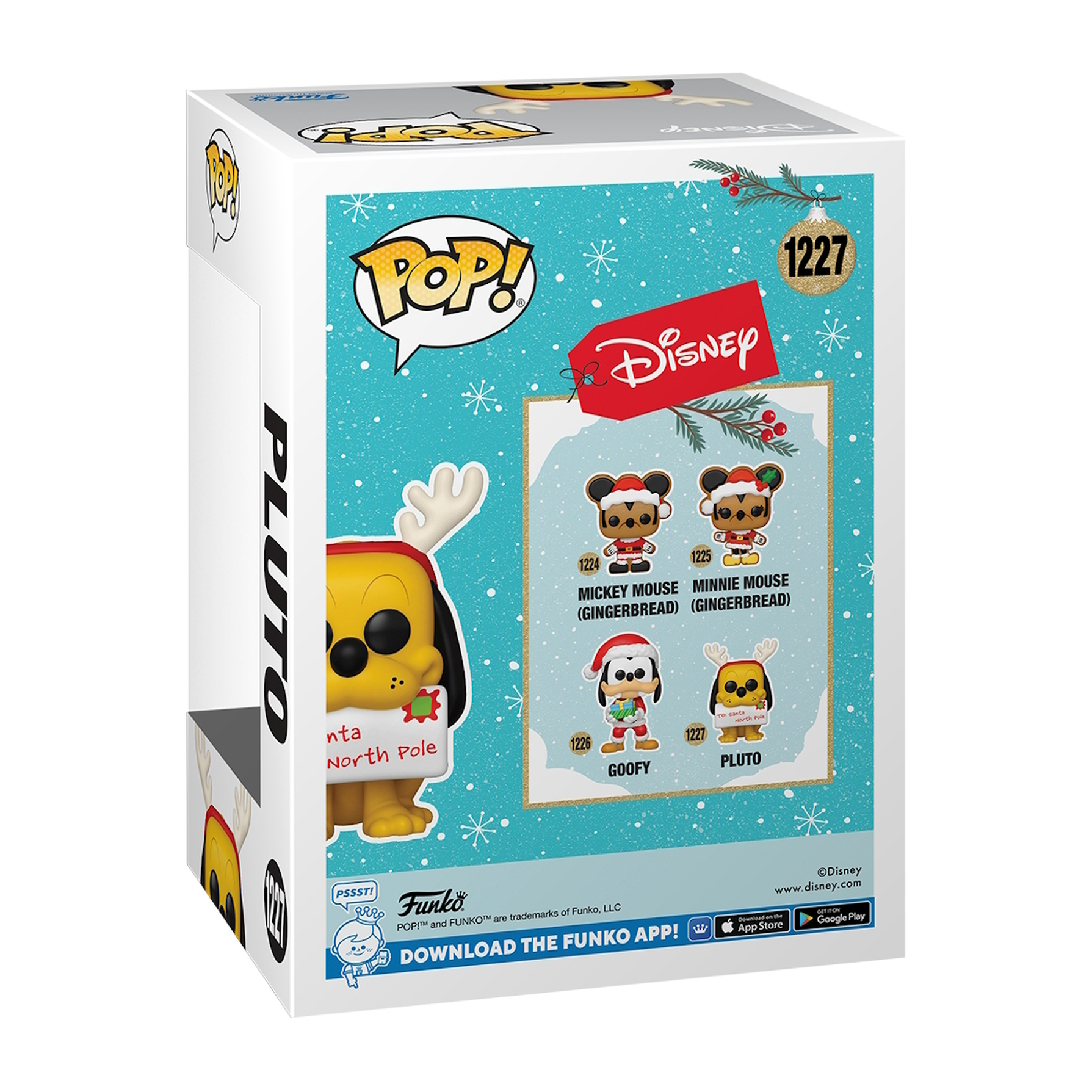 Retro di una scatola Funko Pop. Mostra Pluto con un cappello da Babbo Natale, con altri personaggi Disney.