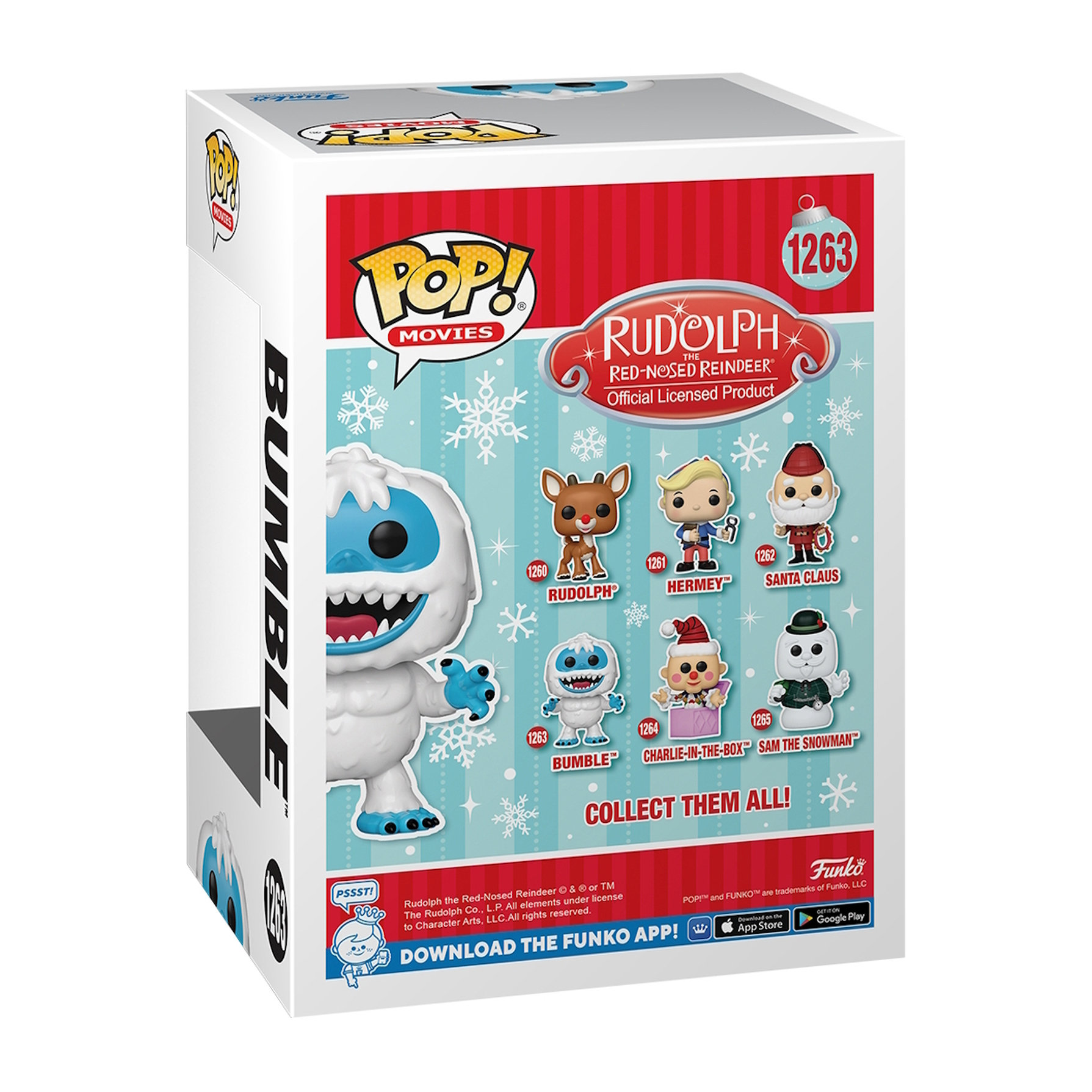 Scatola Funko Pop di Rudolph the Red-Nosed Reindeer. Diversi personaggi presenti.