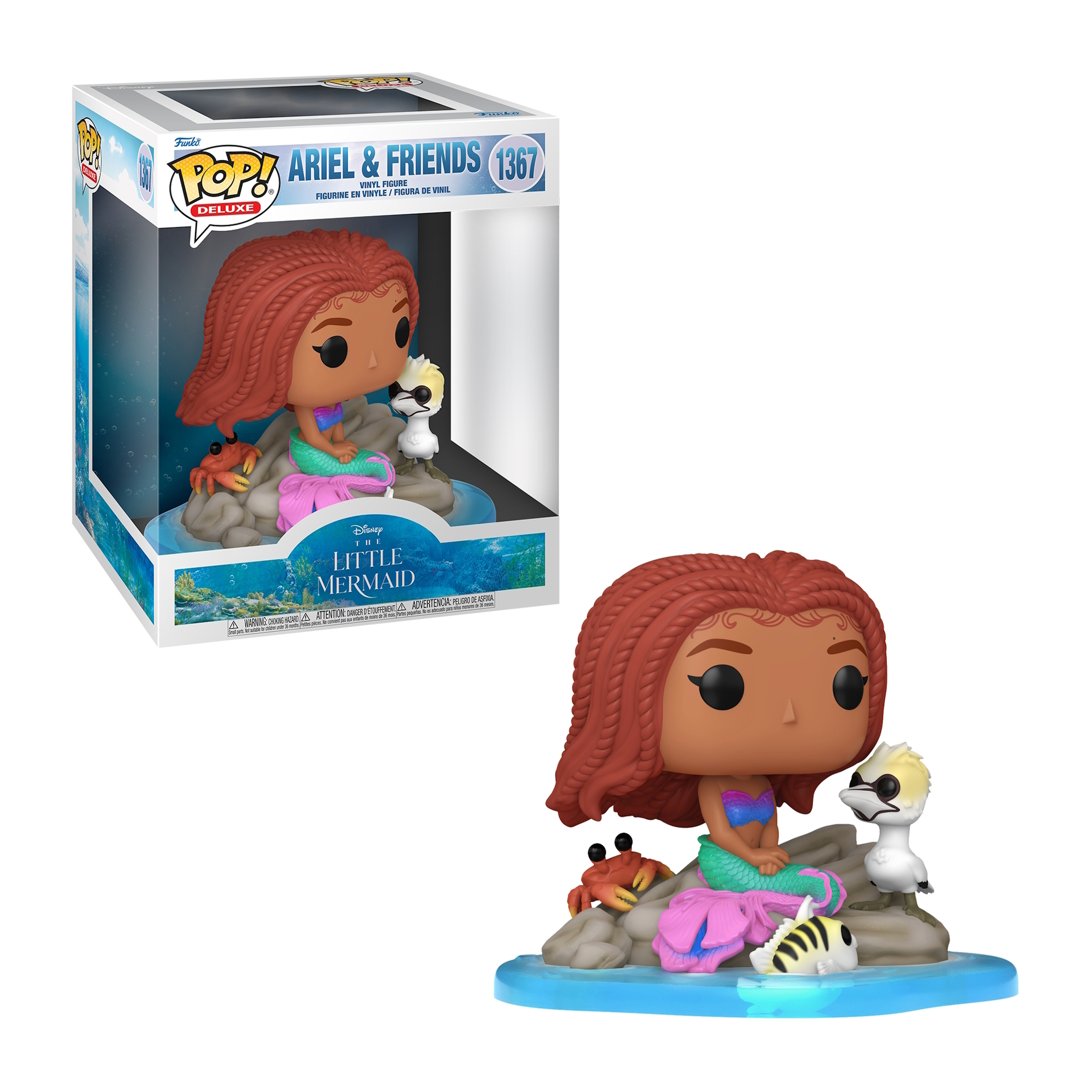 Figura Funko Pop de Ariel en caja y fuera. Ariel, sirena, sentada en una roca. Fondo blanco.