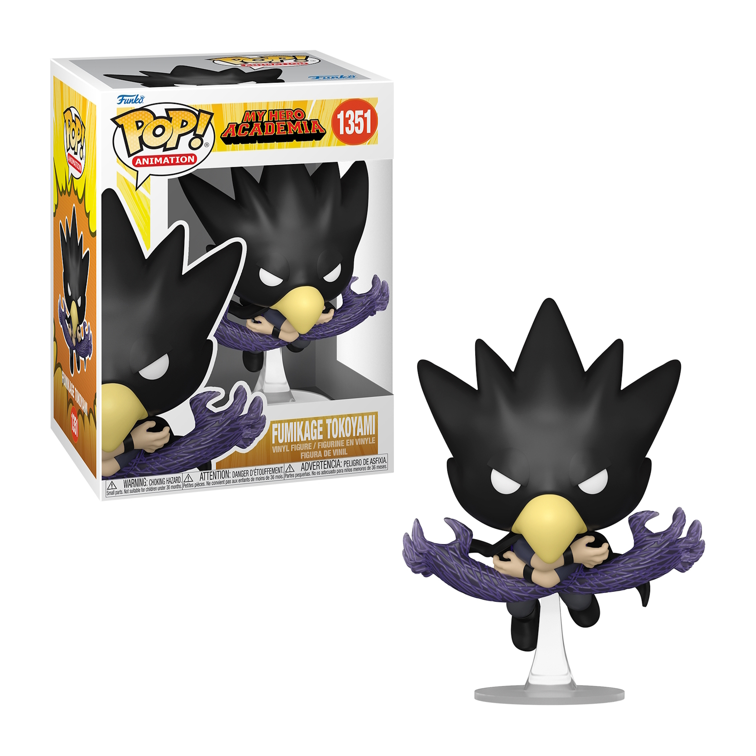 Funko Pop Figur von Fumikage Tokoyami aus My Hero Academia, in einer Box.