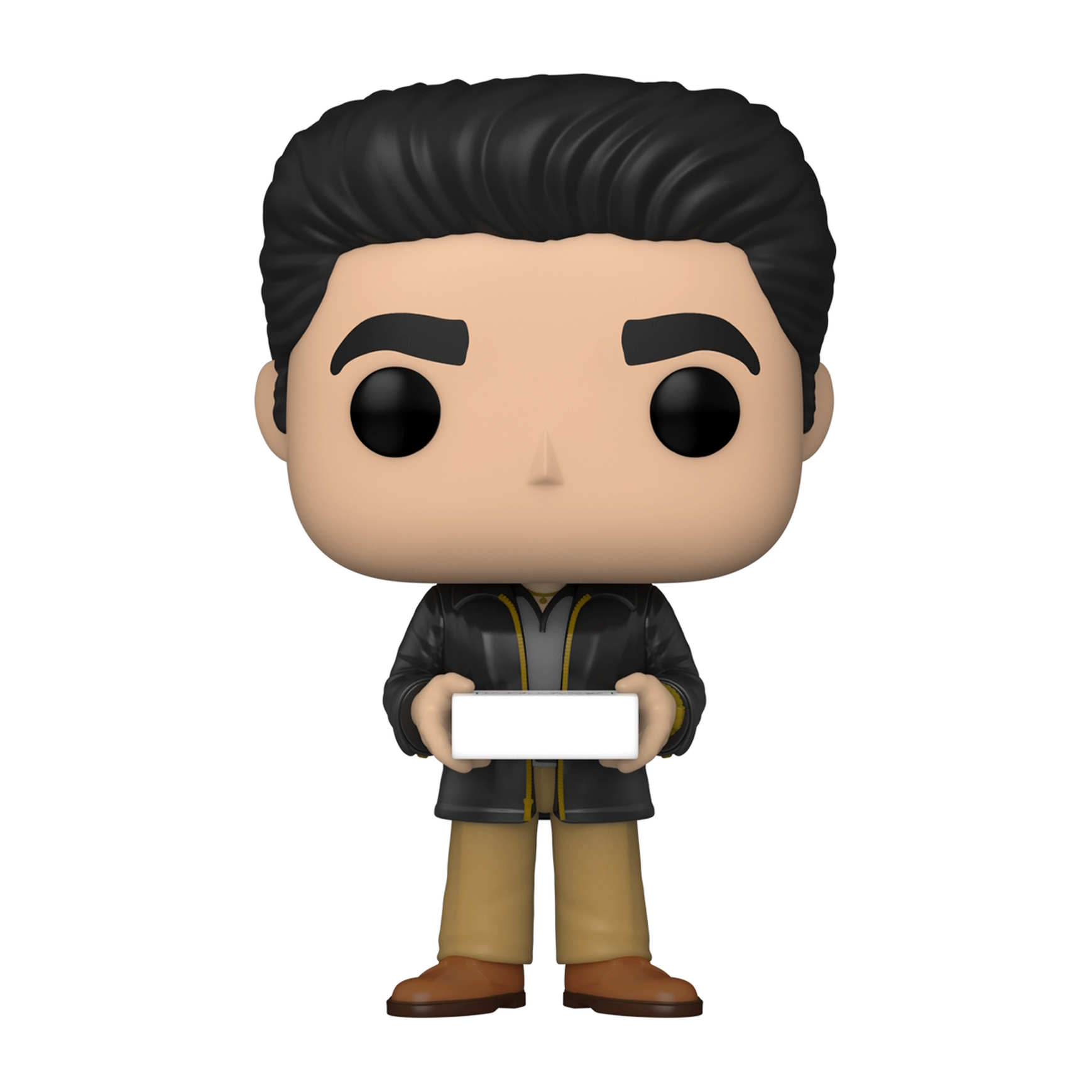 Figura Funko Pop di un uomo con giacca nera che tiene una scatola bianca, in piedi.