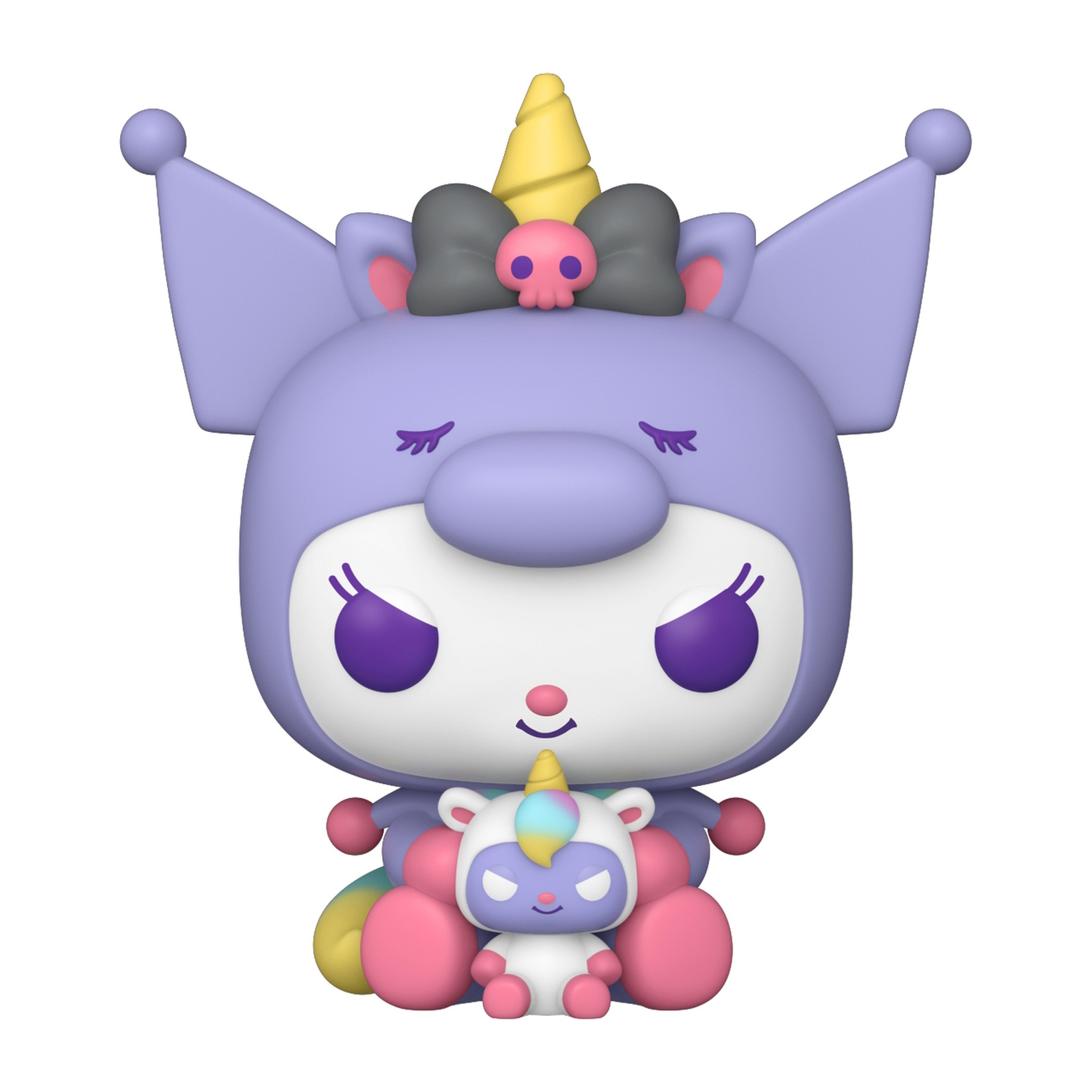 Un personaje de dibujos animados morado con un cuerno de unicornio y un pequeño juguete de unicornio.