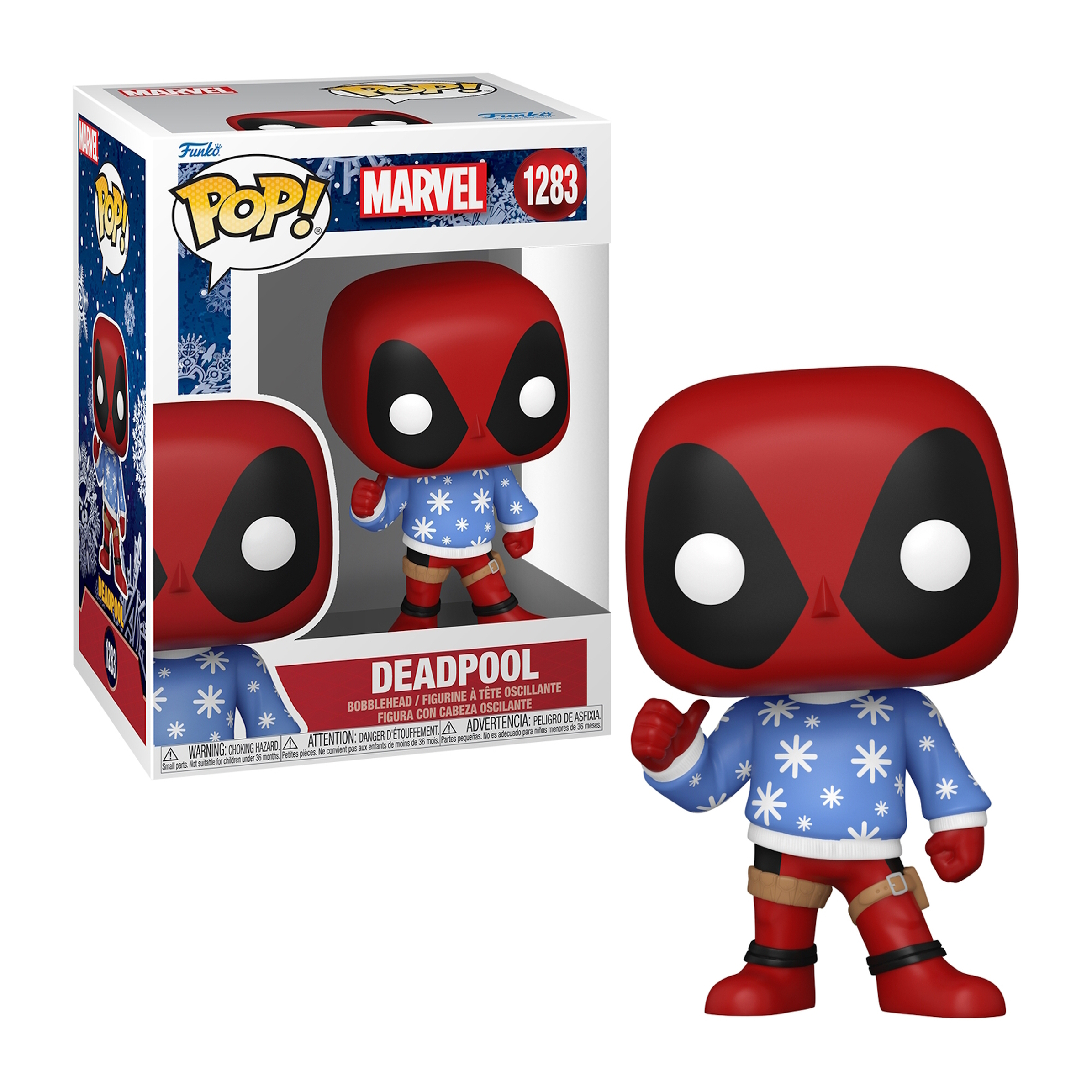 Figura Funko Pop de Deadpool con caja. Deadpool usa traje rojo con suéter azul y copos de nieve.