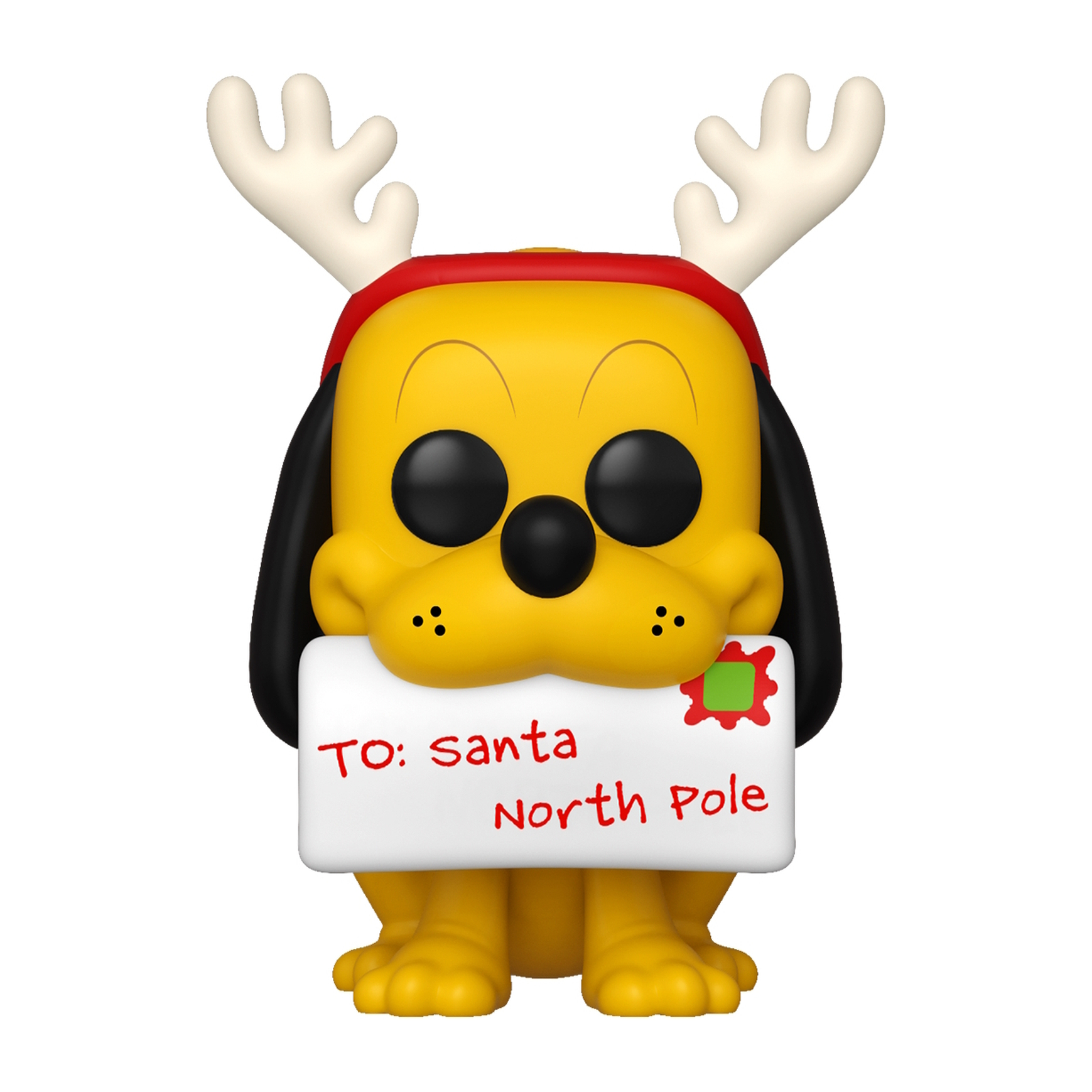 Pluto con corna di renna e con una lettera che dice: To: santa Polo Nord.