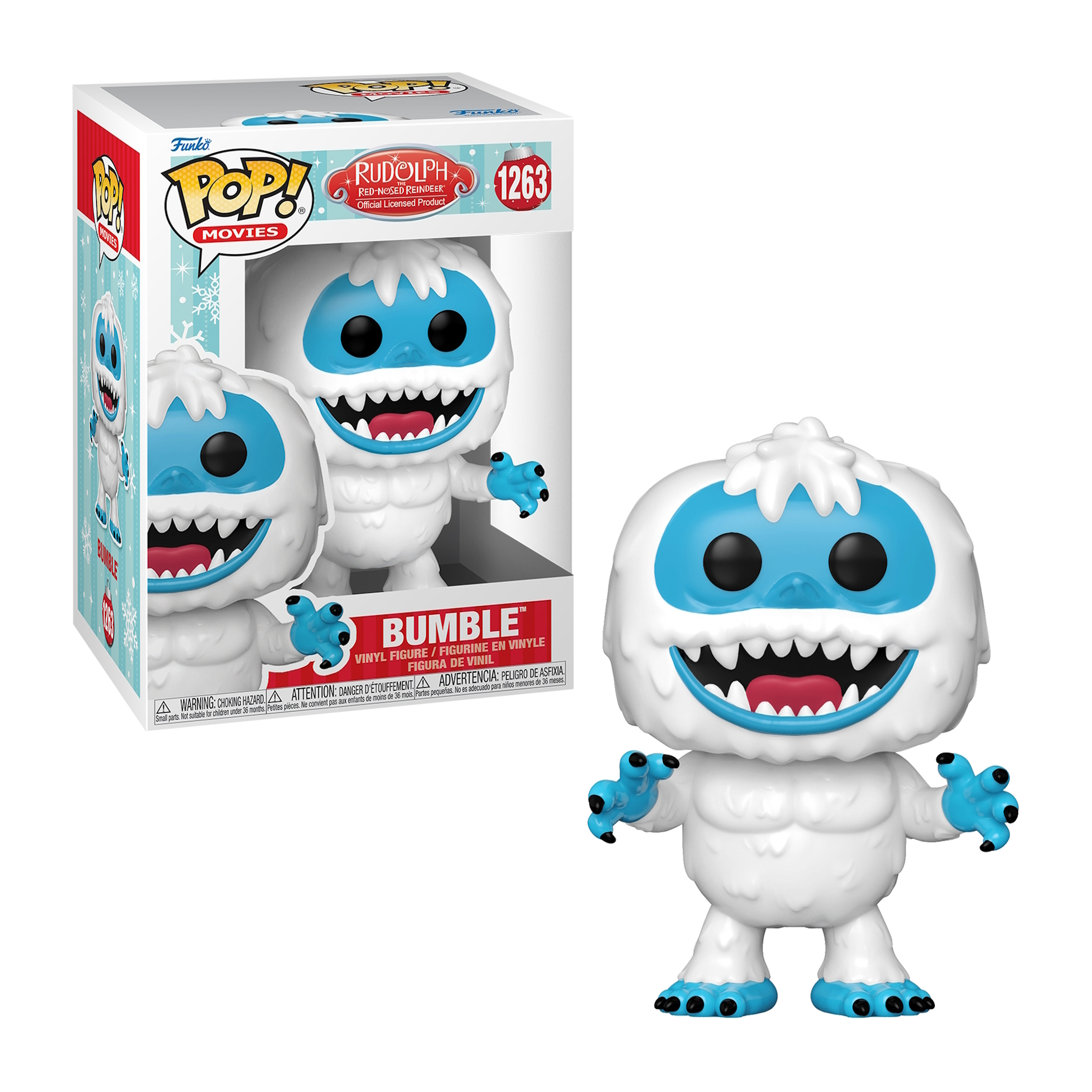 Una figura bianca di uno yeti con la faccia e i piedi blu, accanto a una scatola con un'immagine simile.