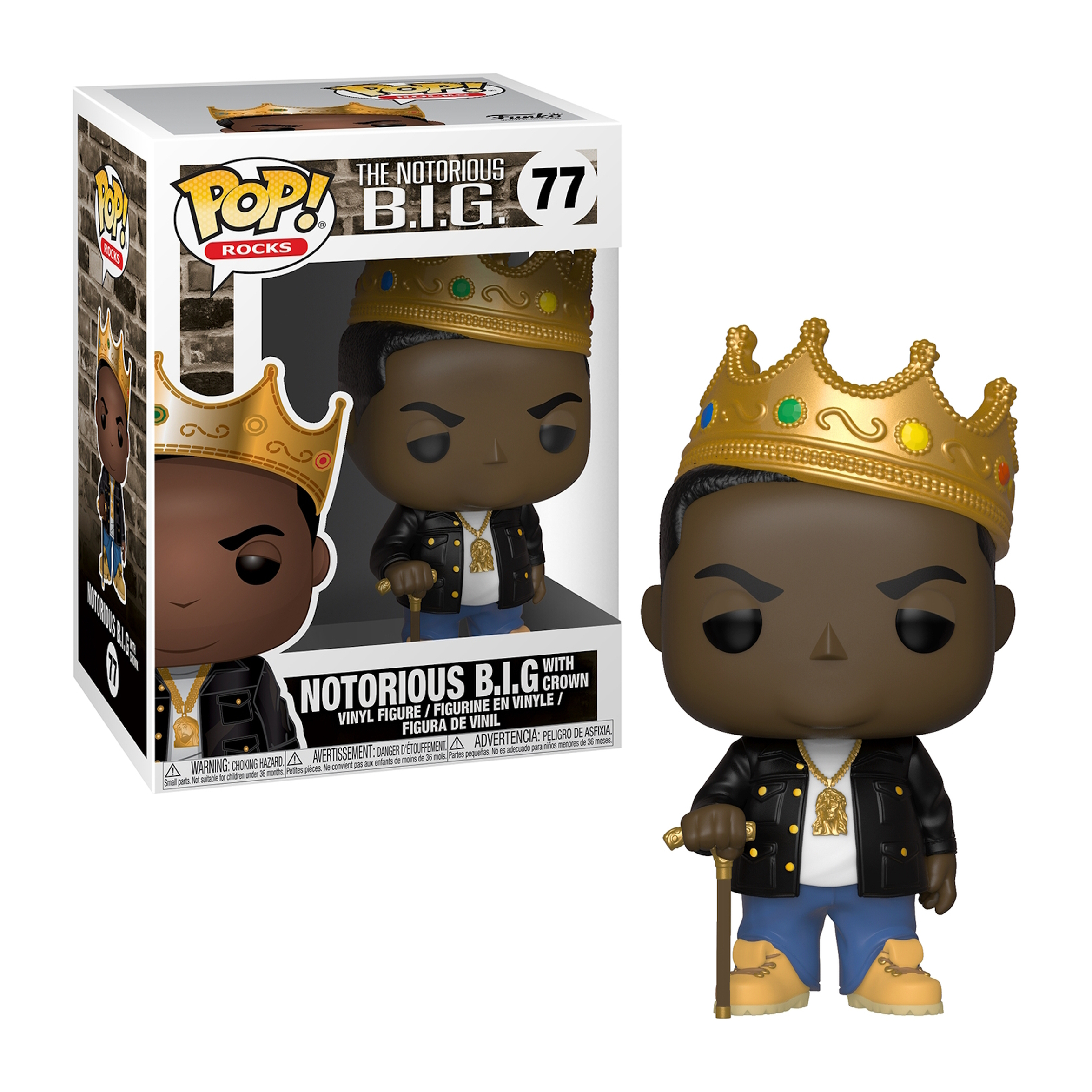 Una figura Funko Pop di The Notorious B.I.G. con una corona d'oro e una giacca nera.