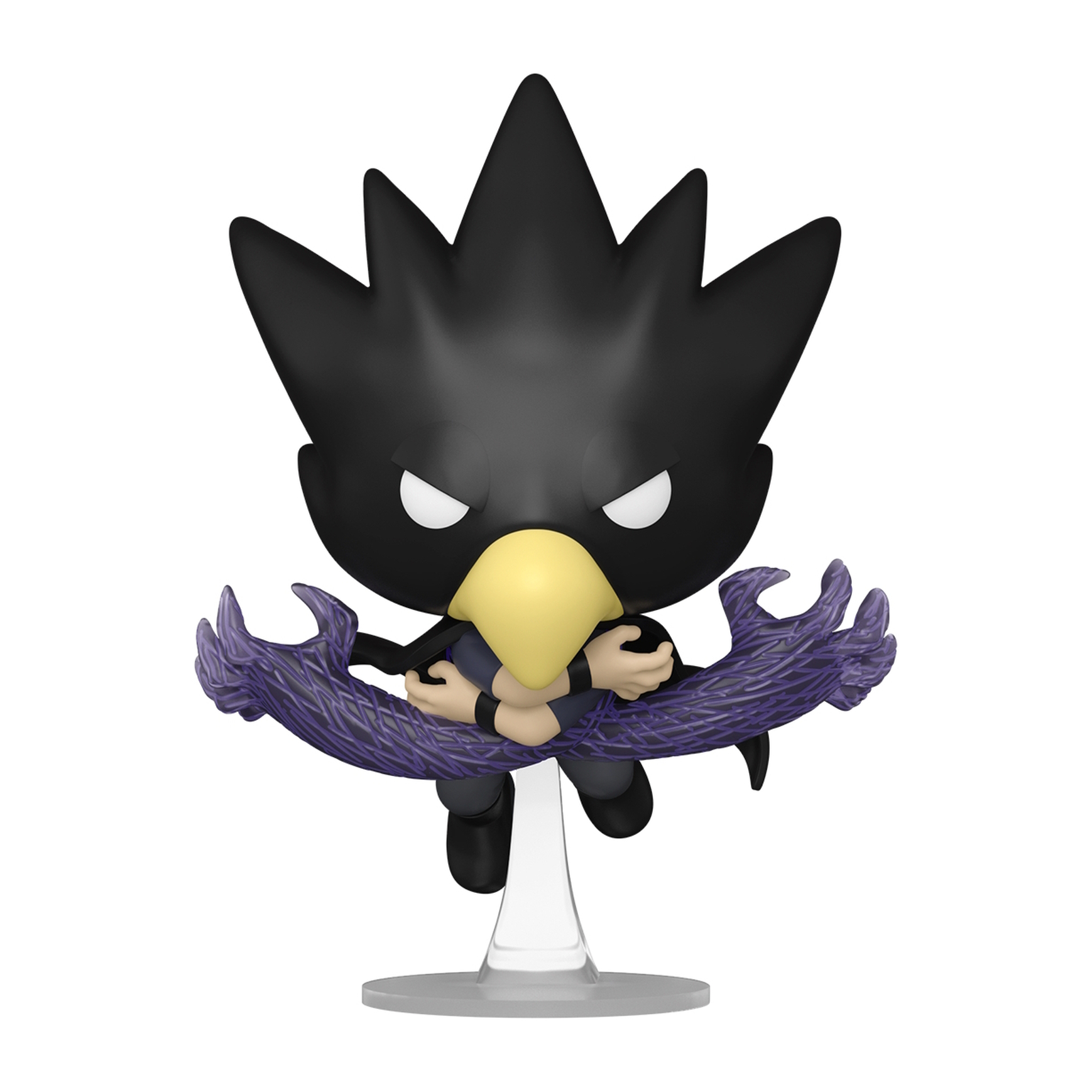 Un Funko Pop de un personaje con cabeza de pájaro negro y alas. Tiene ojos blancos.