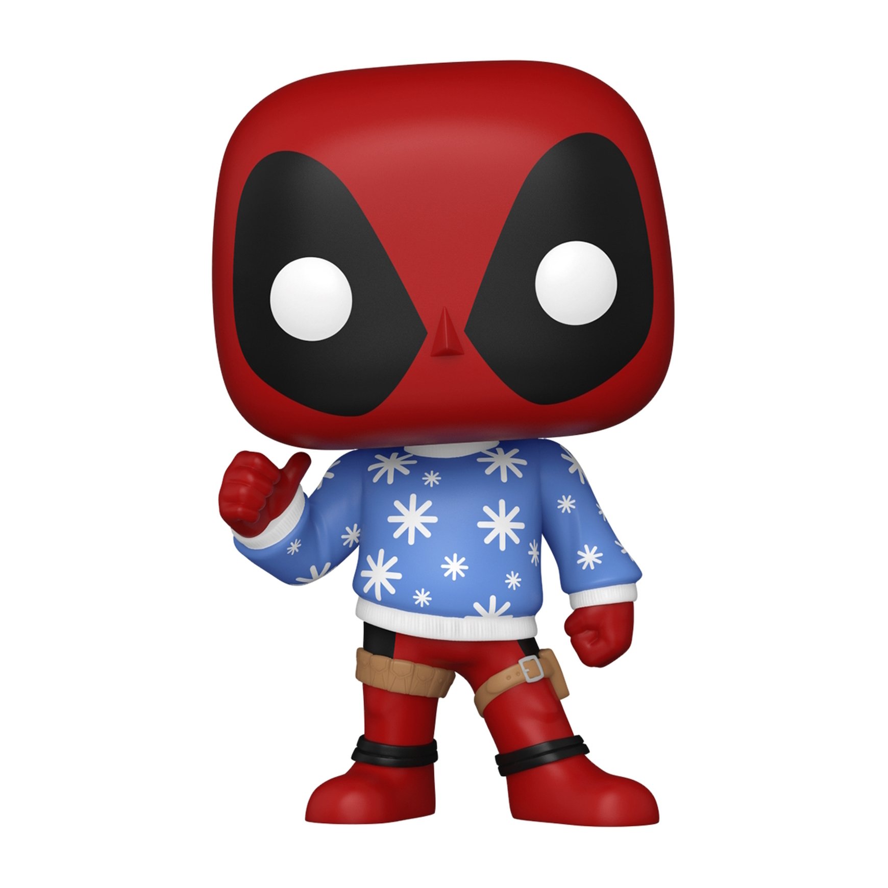 Figura Funko Pop Deadpool, traje rojo, suéter azul, pulgar arriba.