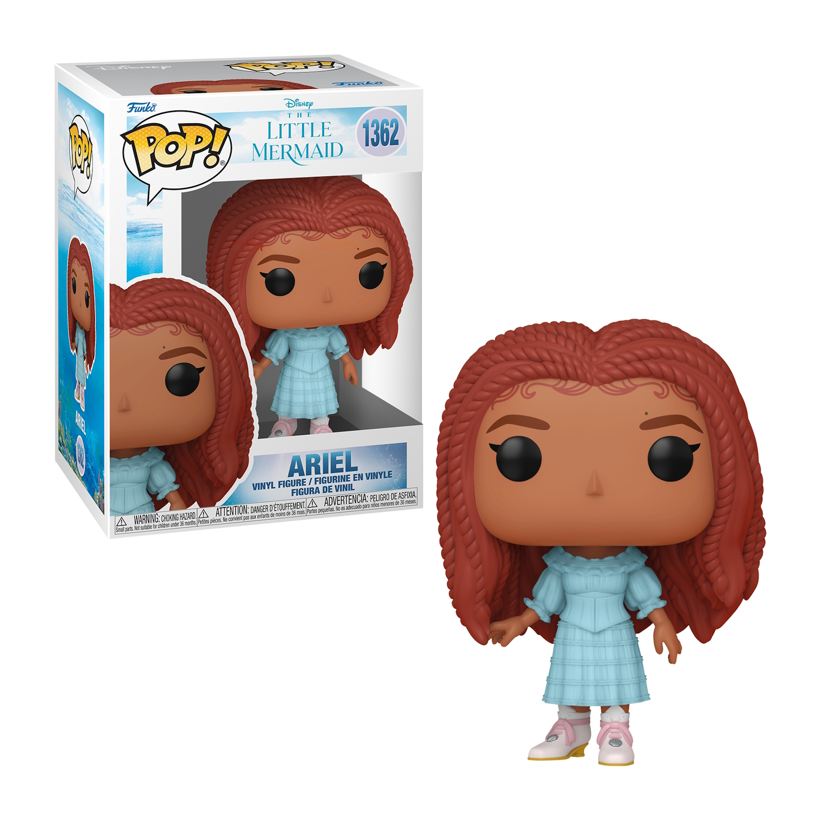 Ariel Funko Pop Figur und Box. Sie hat rote Zöpfe, ein blaues Kleid und rosa Schuhe.