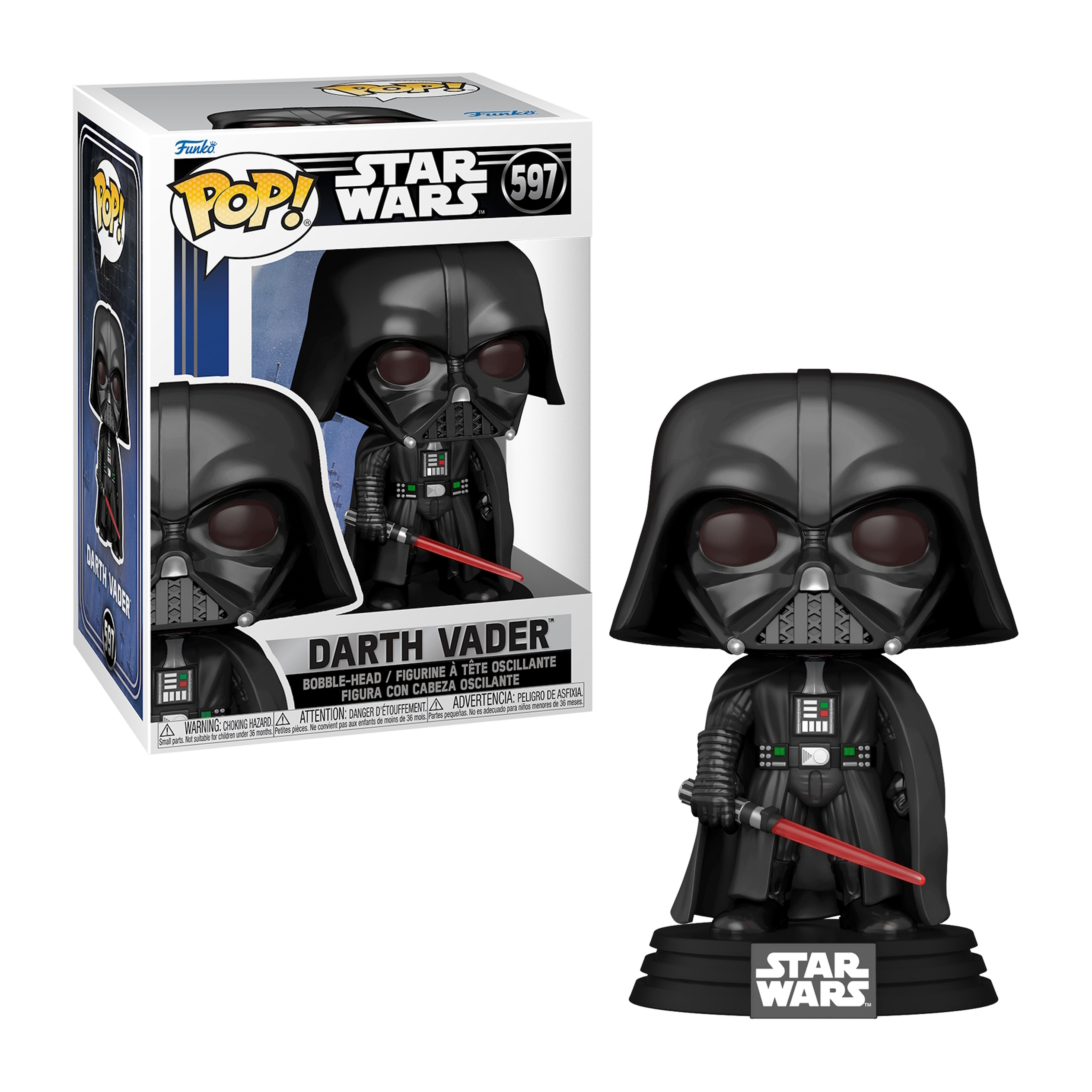 Eine Funko Pop Figur von Darth Vader in einer Box. Darth Vader hält ein rotes Lichtschwert.
