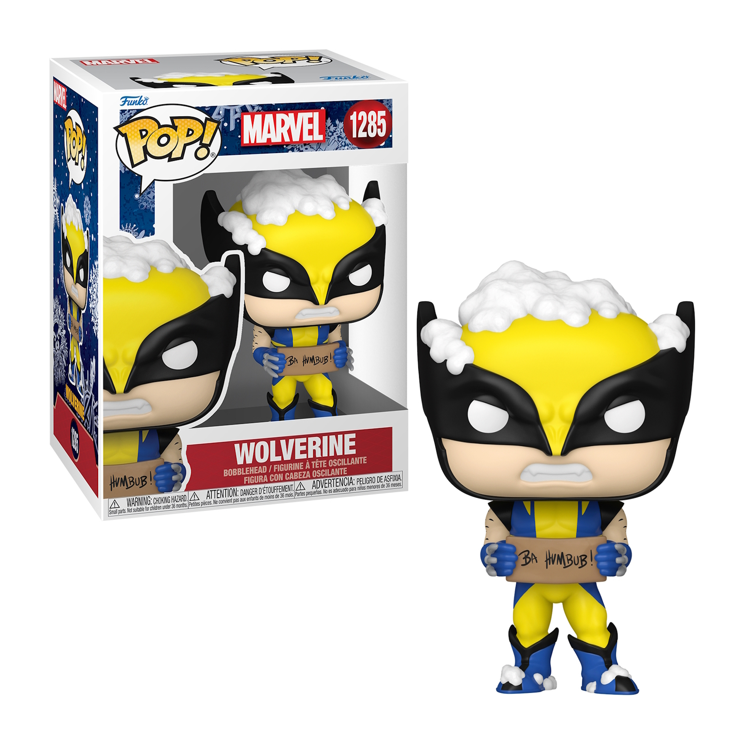 Figura Funko Pop di Wolverine con scatola, costume giallo e blu, che tiene un cartello.