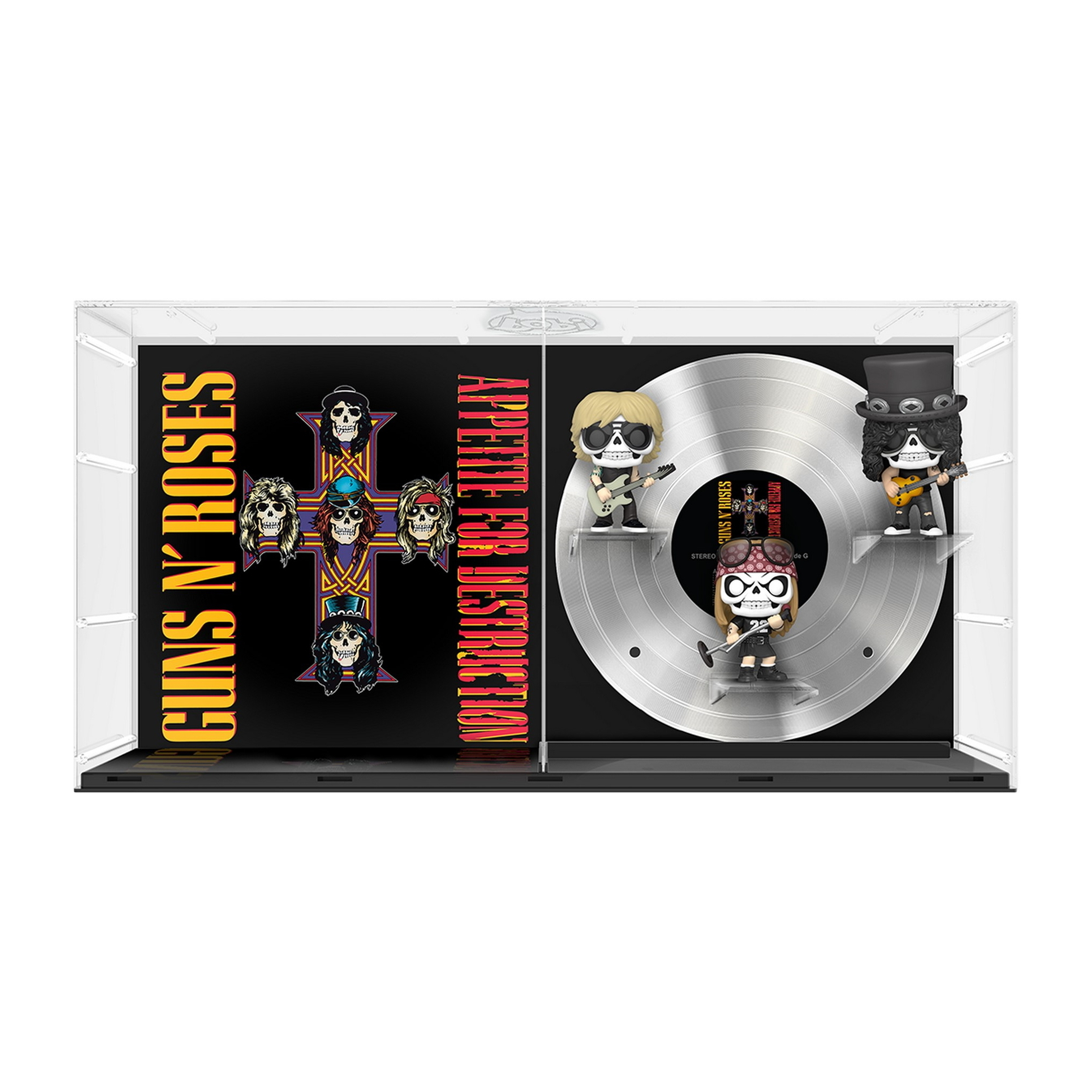 Guns N' Roses Vinyl-Schallplatten-Display mit Figuren der Bandmitglieder.