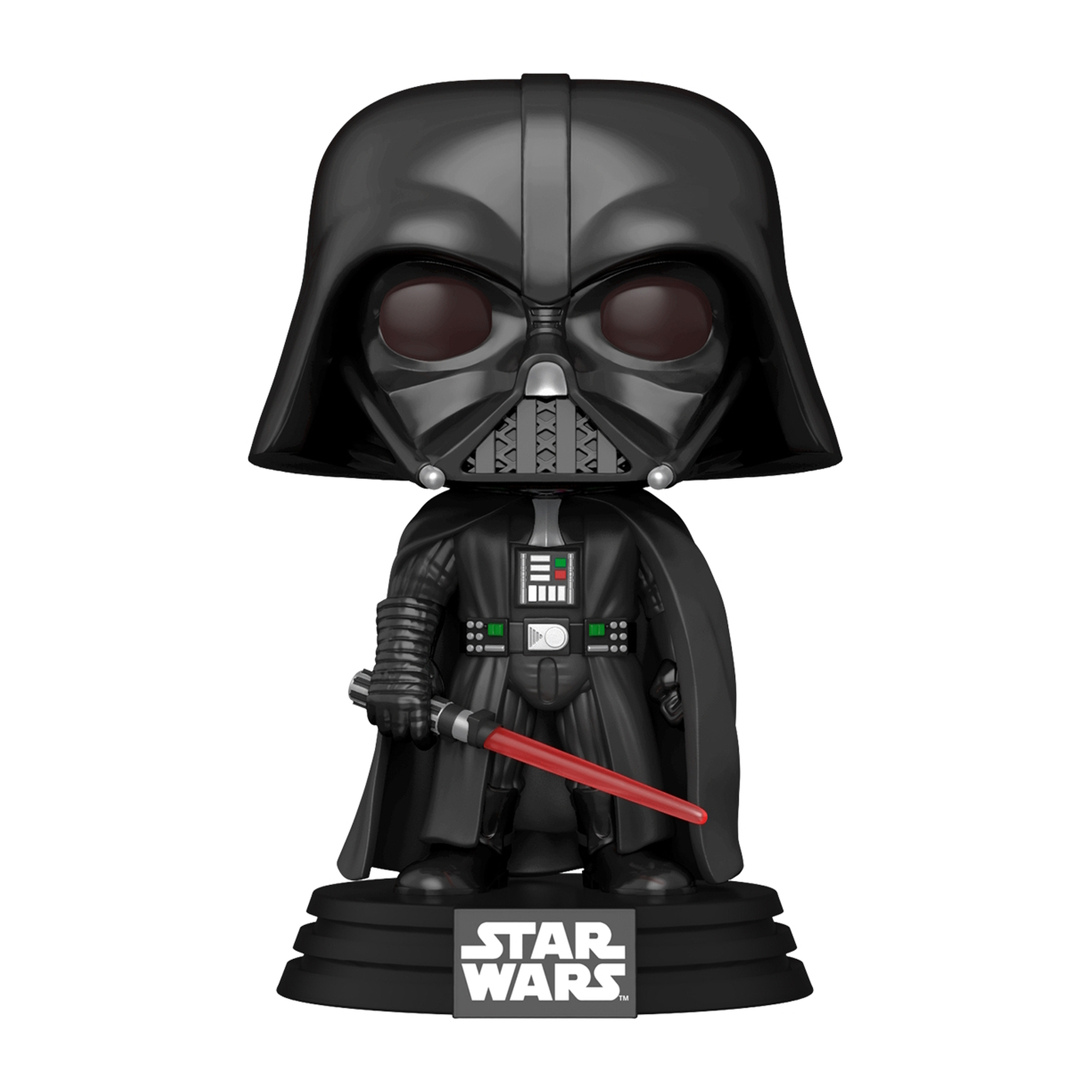 Darth Vader Funko Pop Figur mit rotem Lichtschwert auf schwarzer Basis, schwarzer Umhang.
