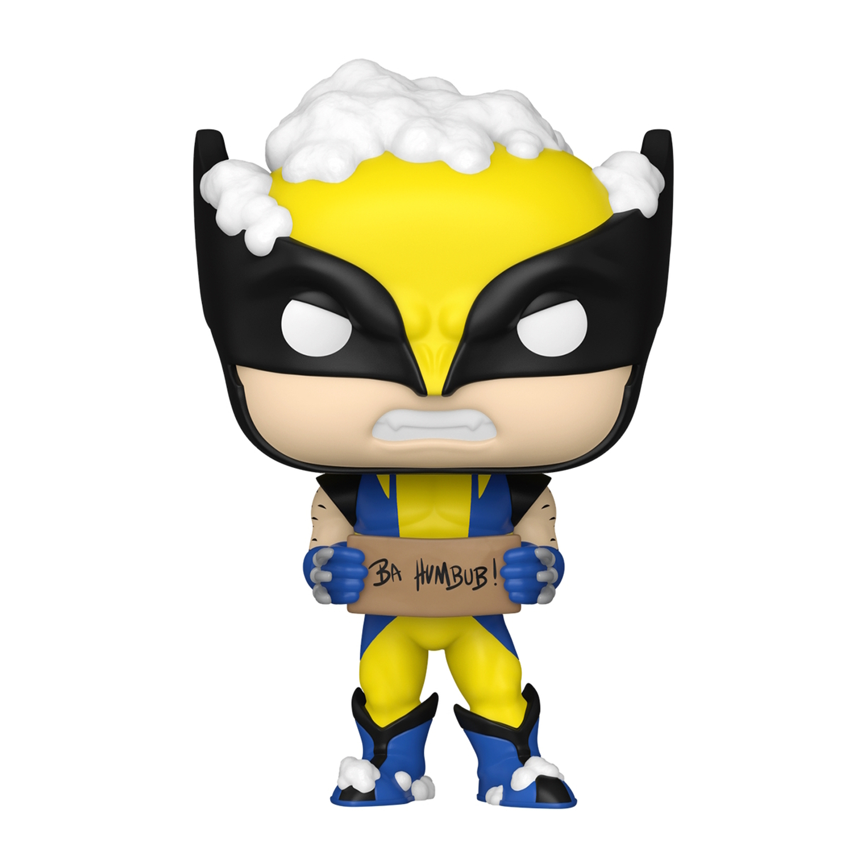Wolverine, figura Funko Pop, tiene un cartello con scritto "BA HUMBUG!" con neve sulla testa.