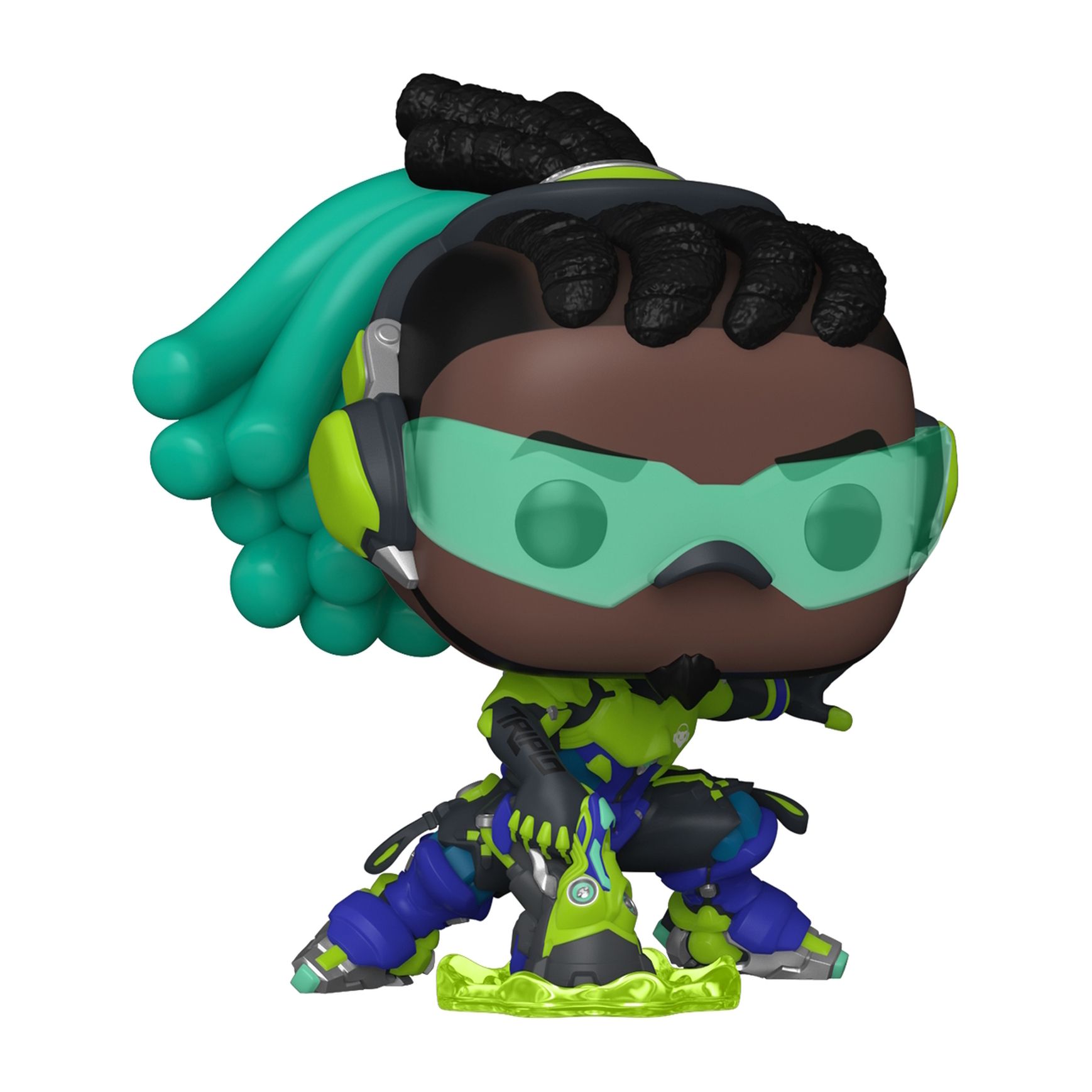 Funko Pop Figur von Lucio aus Overwatch, mit grünen und schwarzen Details und dynamischer Pose.