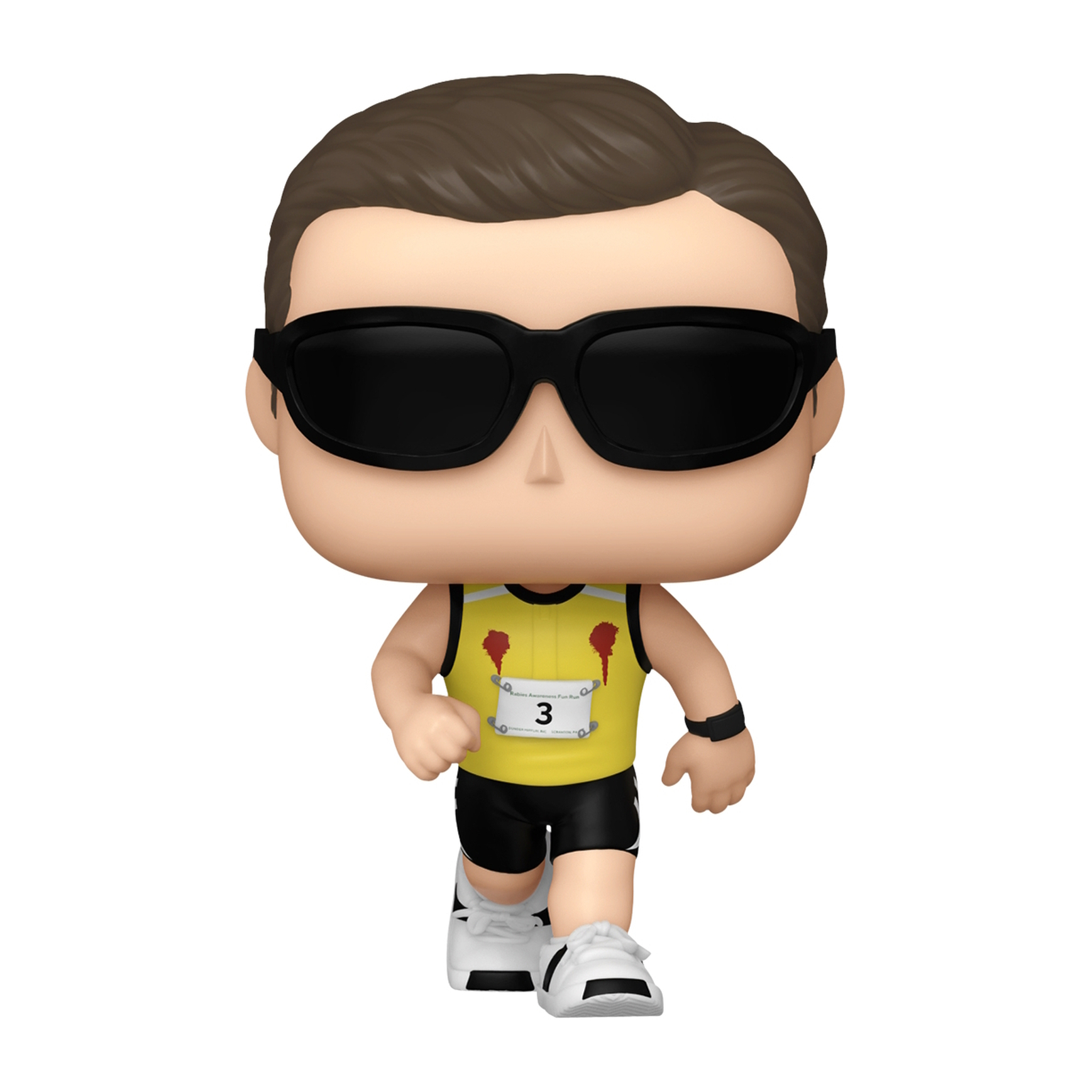 Figura Funko Pop di un uomo che corre con una maglietta gialla con il numero 3 e occhiali da sole neri.