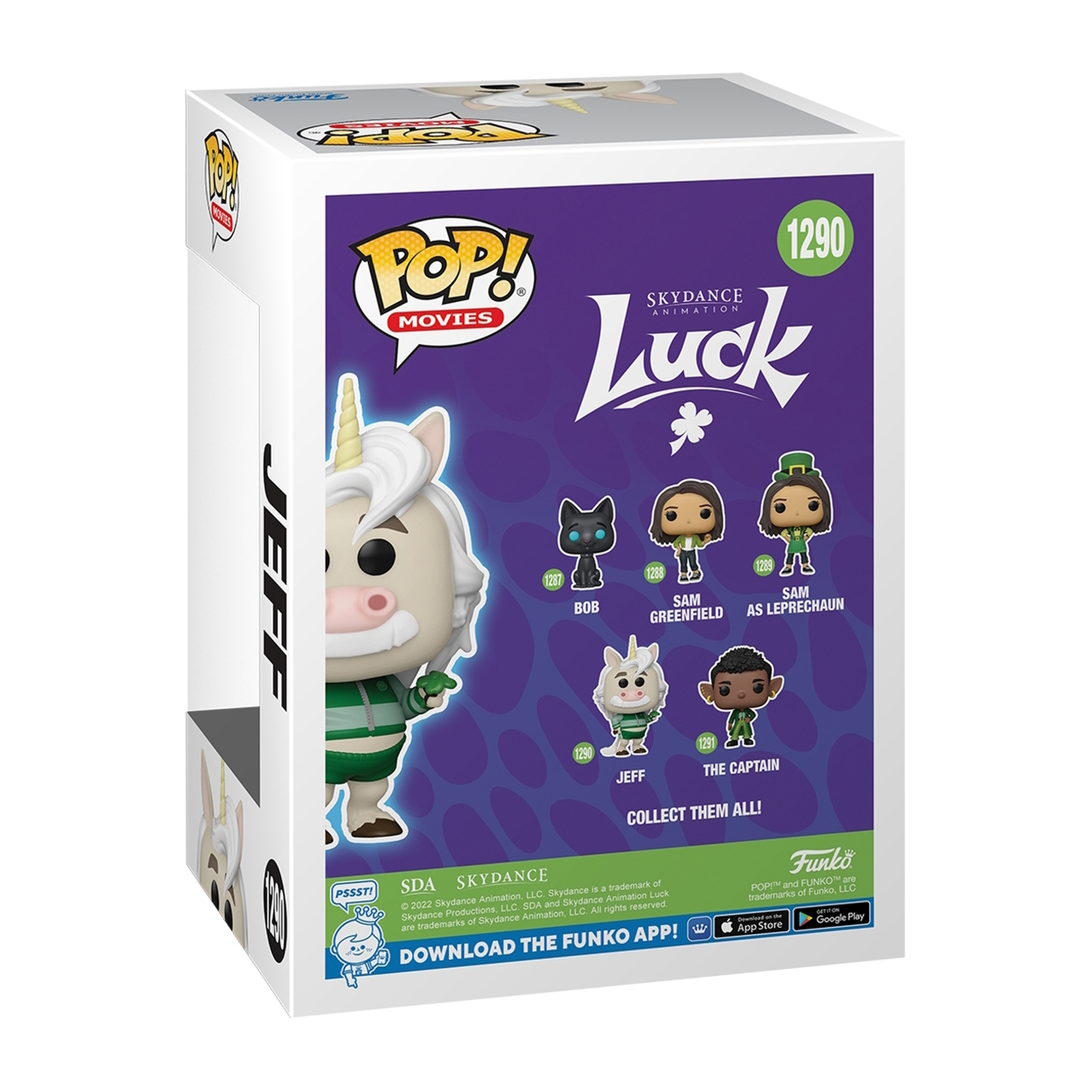 Retro di una scatola Funko Pop di Luck che mostra i personaggi: Bob, Sam Greenfield, The Captain e Jeff.