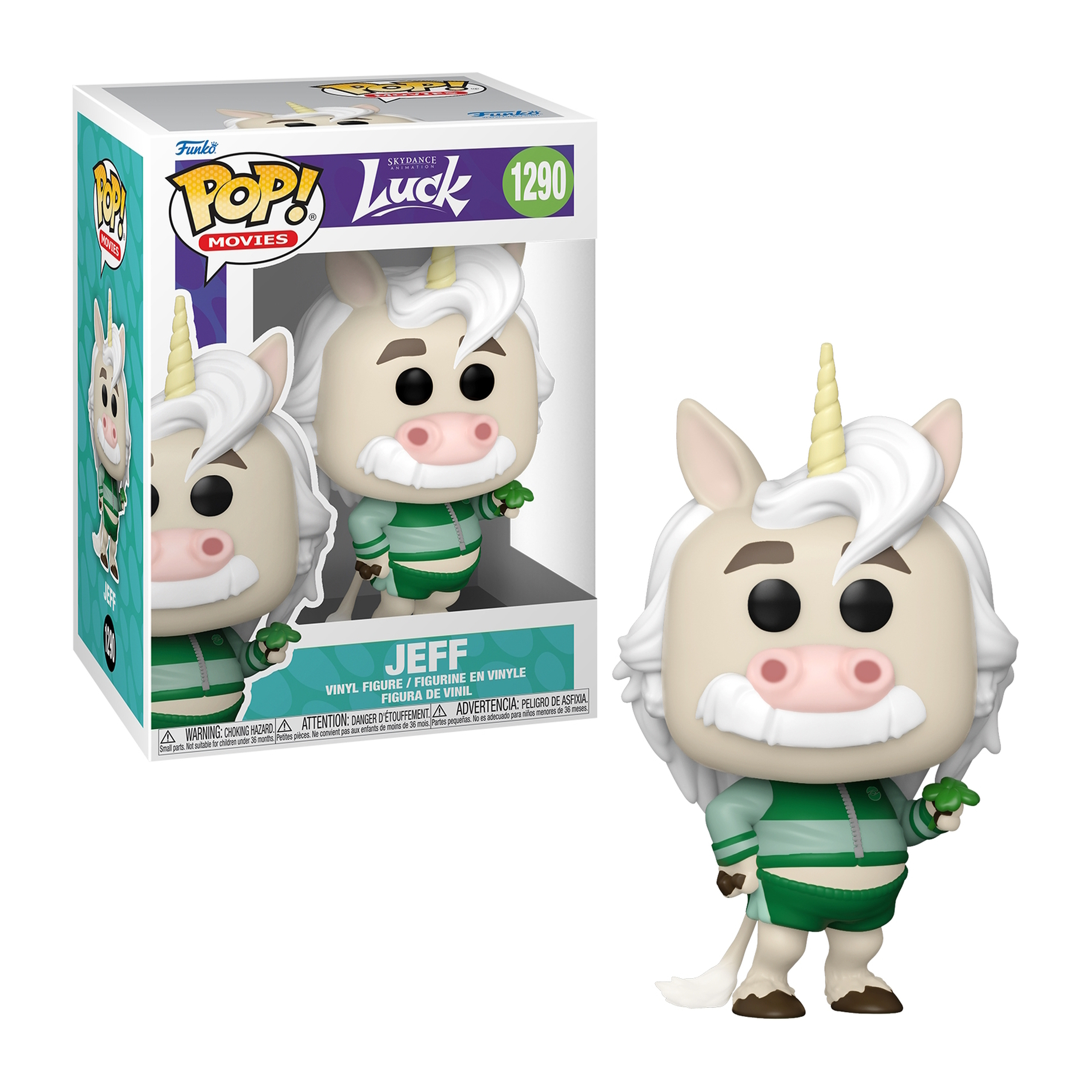Una figura Funko Pop di Jeff del film Luck, in una scatola. Jeff è un unicorno.