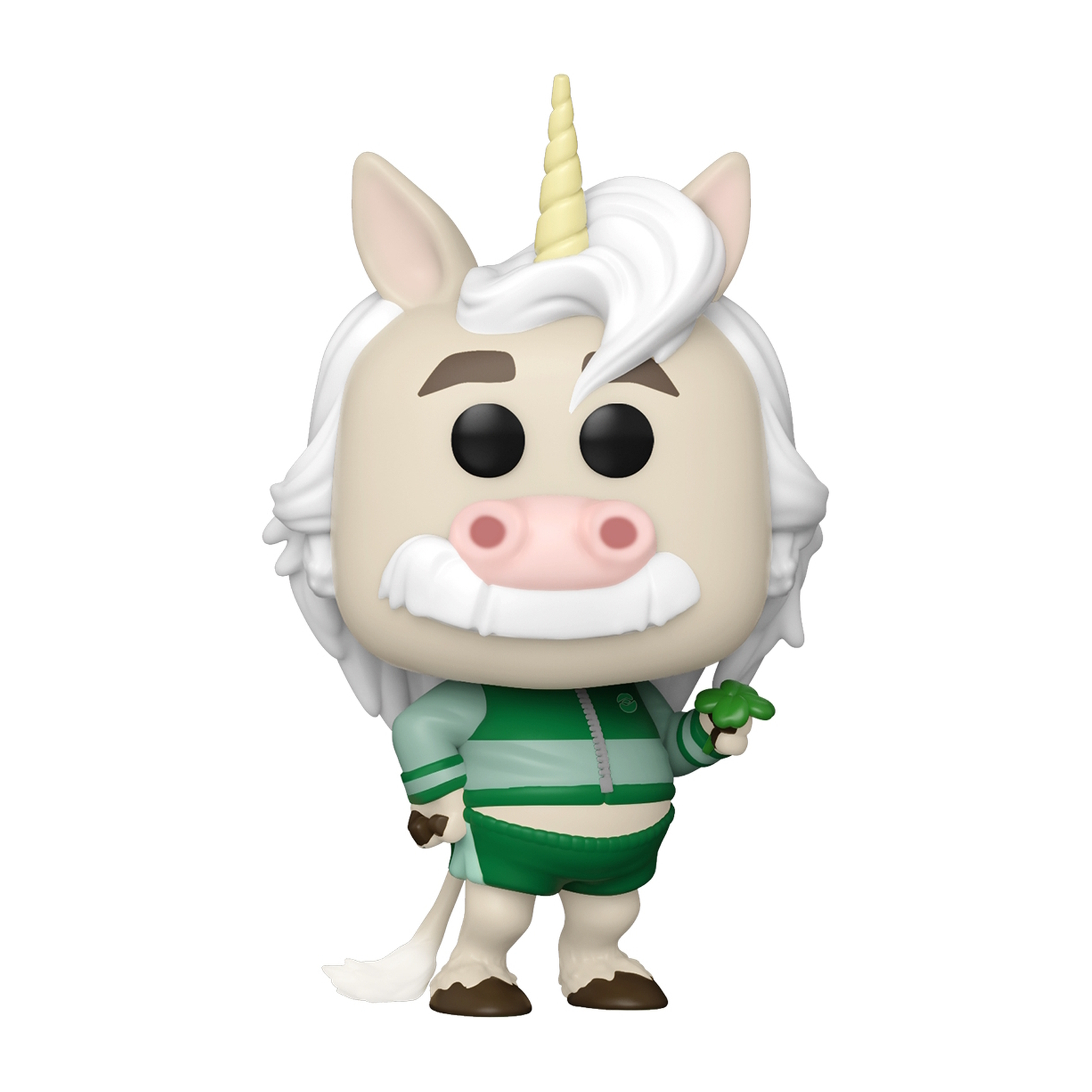 Funko Pop di un personaggio unicorno vestito di verde, con un trifoglio.