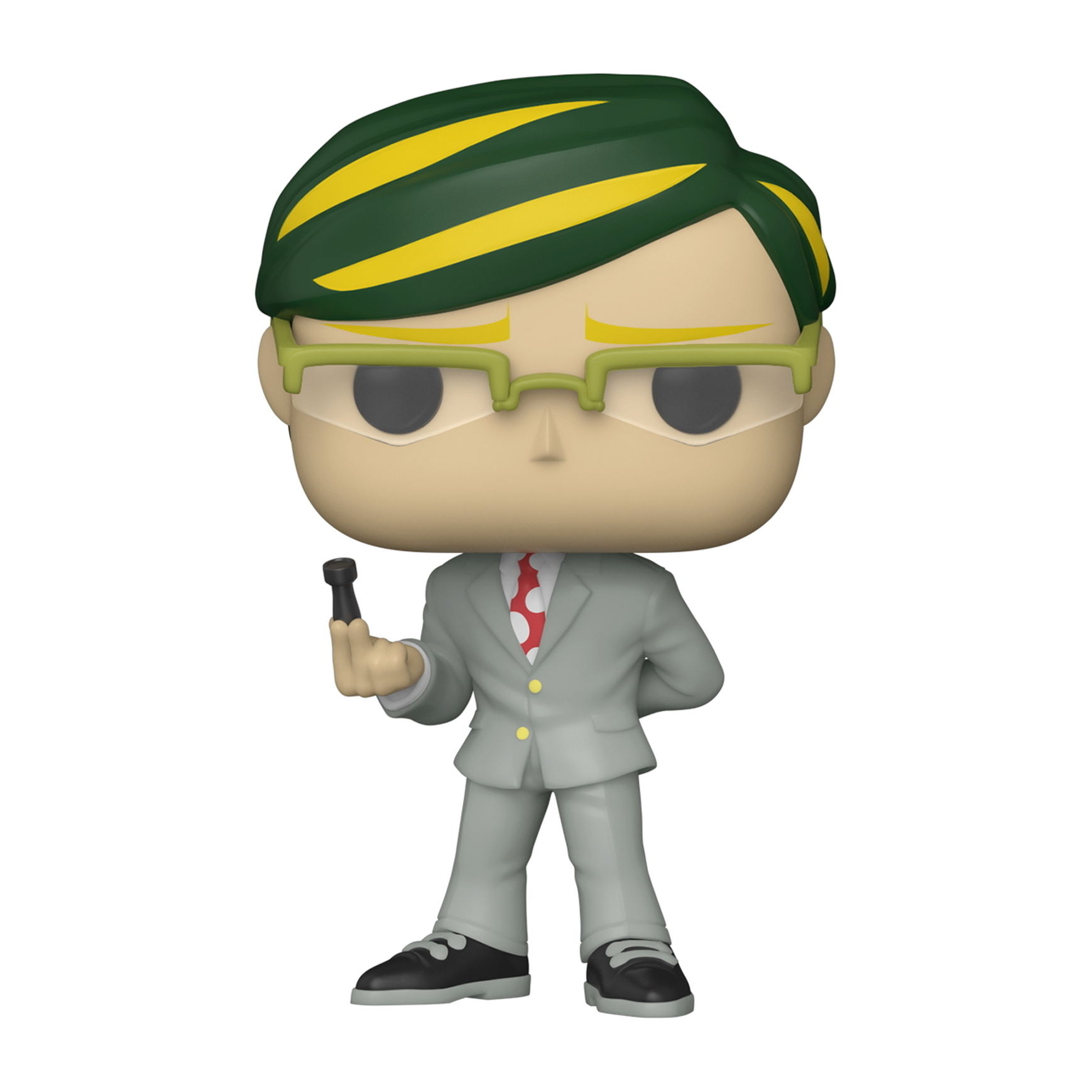 Figurka mężczyzny w szarym garniturze z okularami, trzymającego małe czarne urządzenie. Ma zielono-żółte włosy.