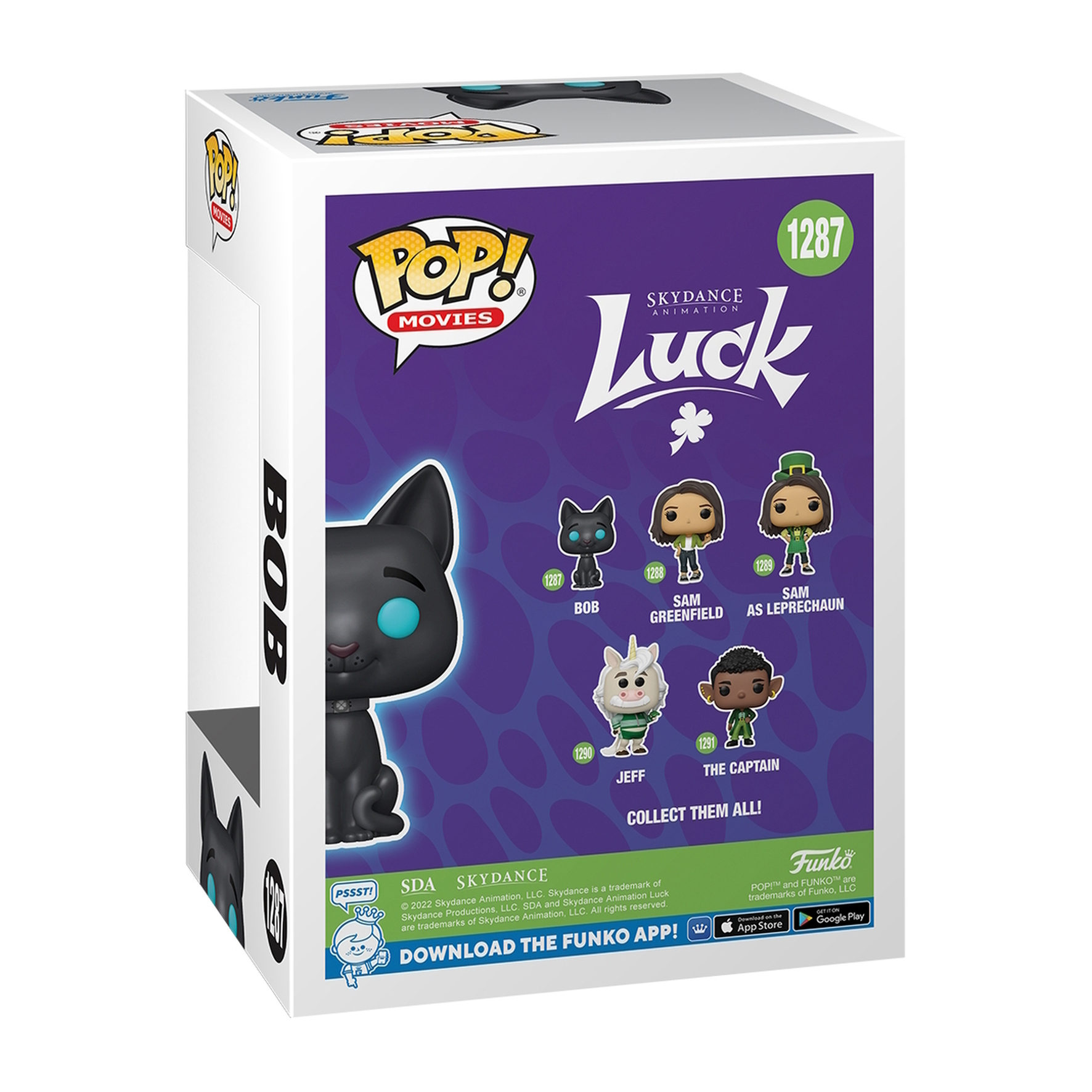 Retro di una scatola Funko Pop. Il gatto nero Bob e altri personaggi del film 'Luck' sono sulla scatola.