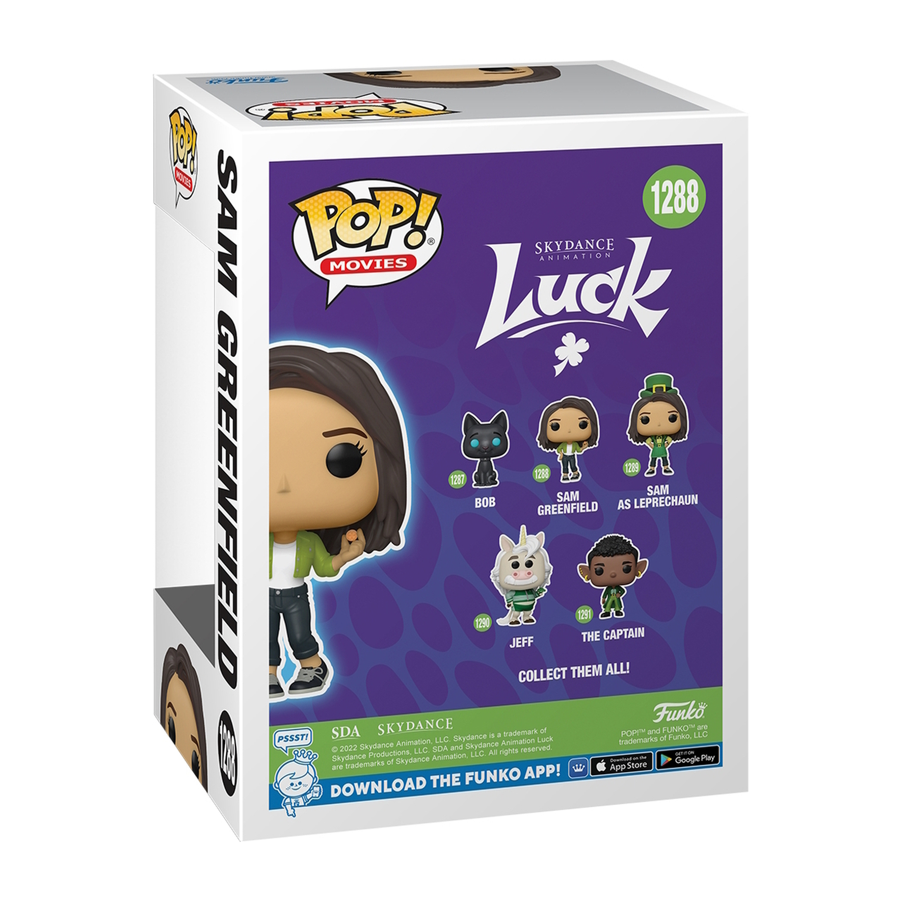 Scatola Funko Pop per Sam Greenfield da Luck. L'artwork mostra i personaggi del film.