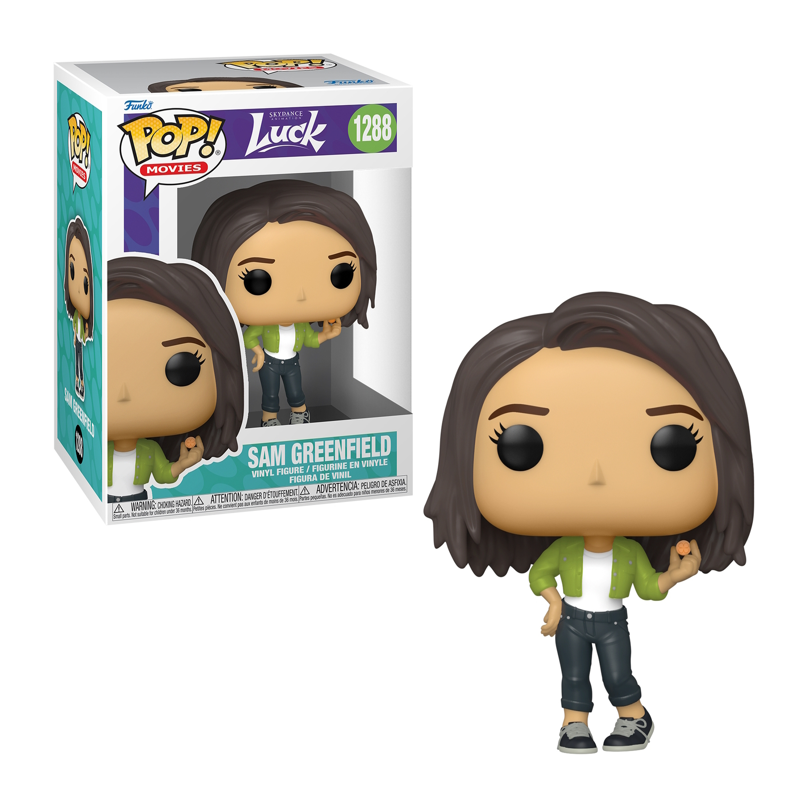 Figura Funko Pop di Sam Greenfield dal film Luck, in una scatola, e una seconda figura.