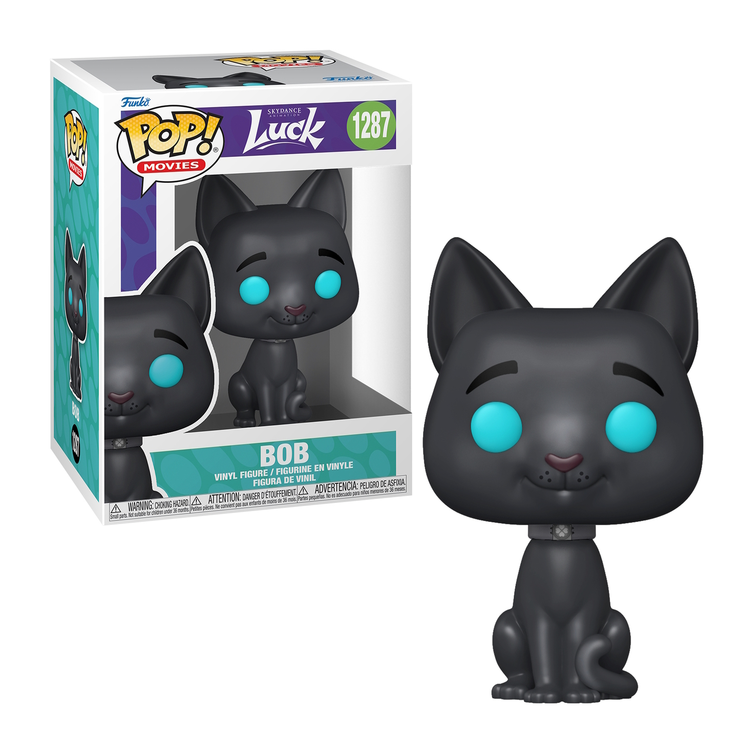 Figura Funko Pop di Bob the cat in scatola, gatto nero, occhi blu, sfondo bianco.