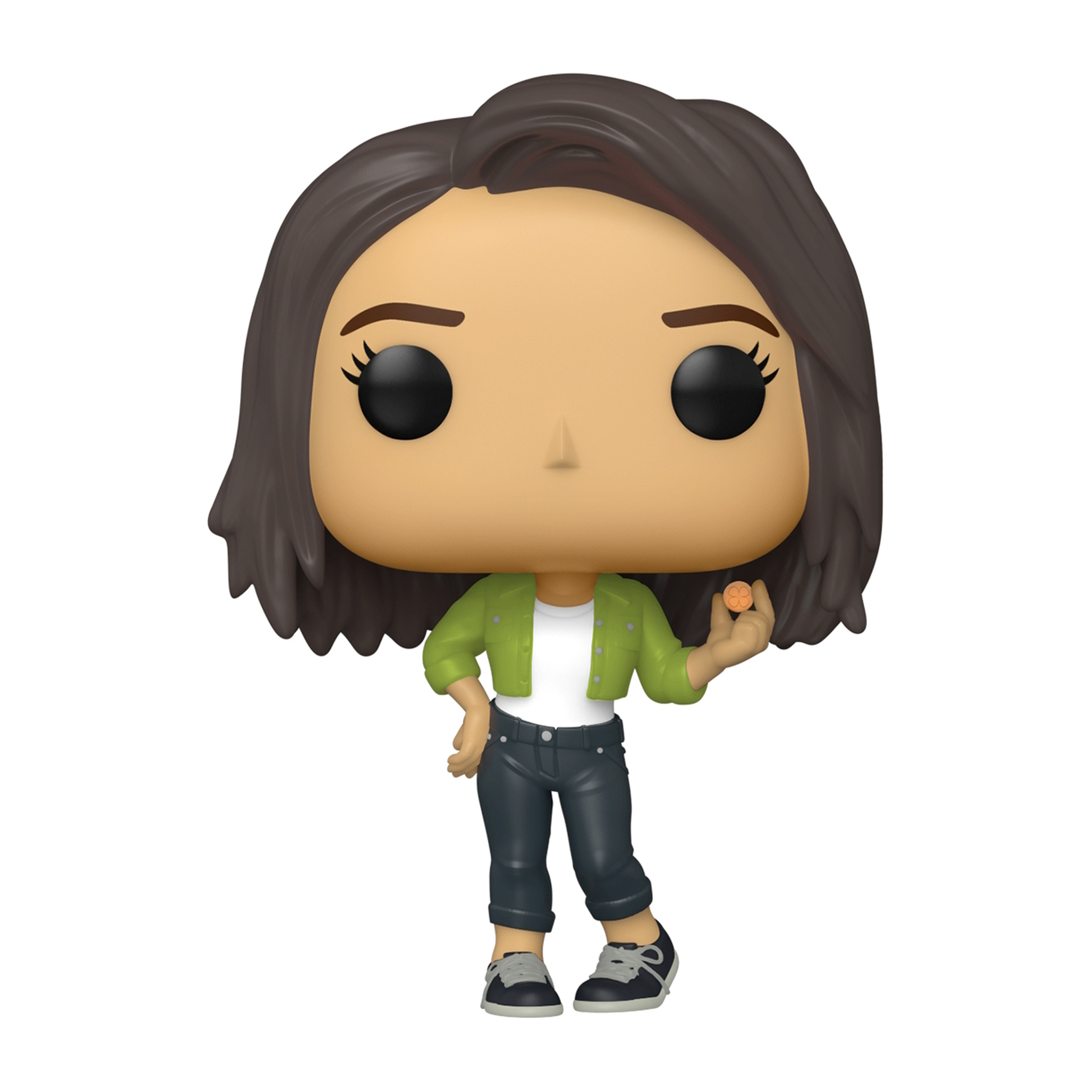 Figura Funko Pop di una donna con i capelli castani, una giacca verde e jeans blu, che tiene uno snack.