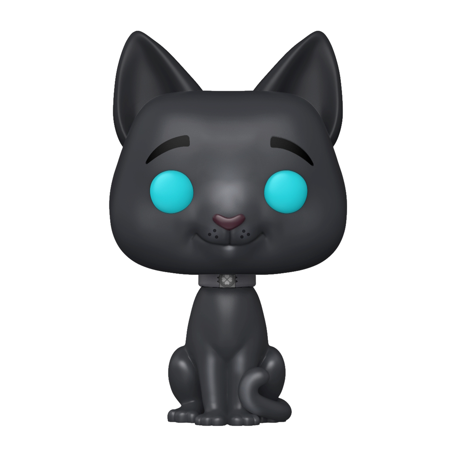 Personaggio Funko Pop di gatto nero con occhi blu e collare, seduto su sfondo bianco.