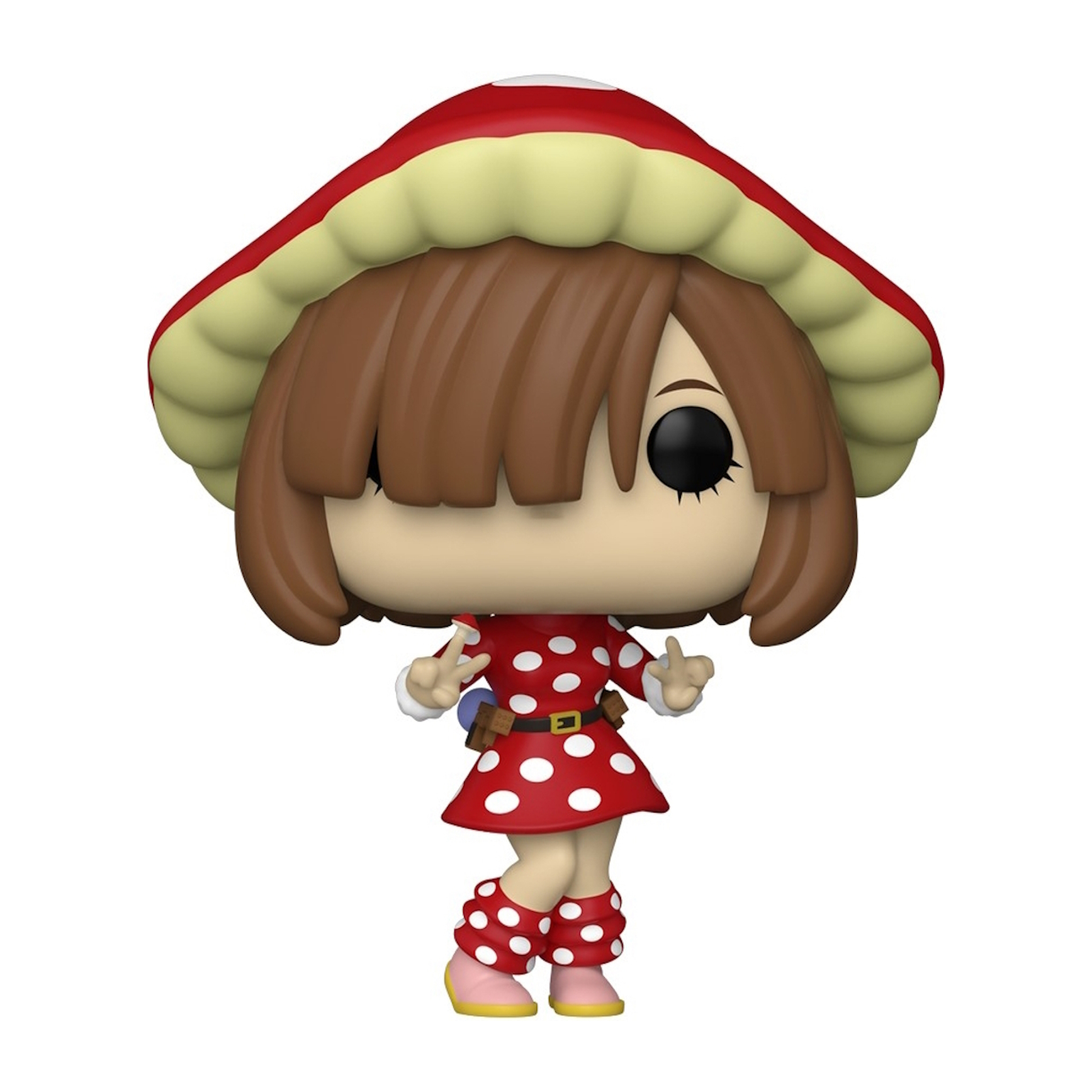 Funko Pop-Figur eines Mädchens mit Pilzhut, gepunktetem Kleid und Stiefeln auf weißem Hintergrund.