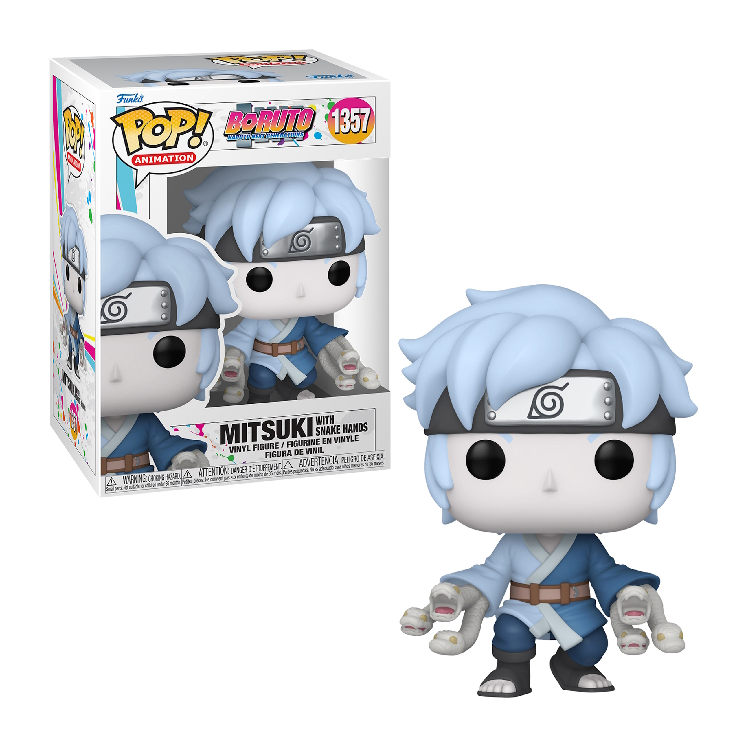 Figura Funko Pop di Mitsuki da Boruto. Sfondo bianco. Dentro e fuori dalla scatola.