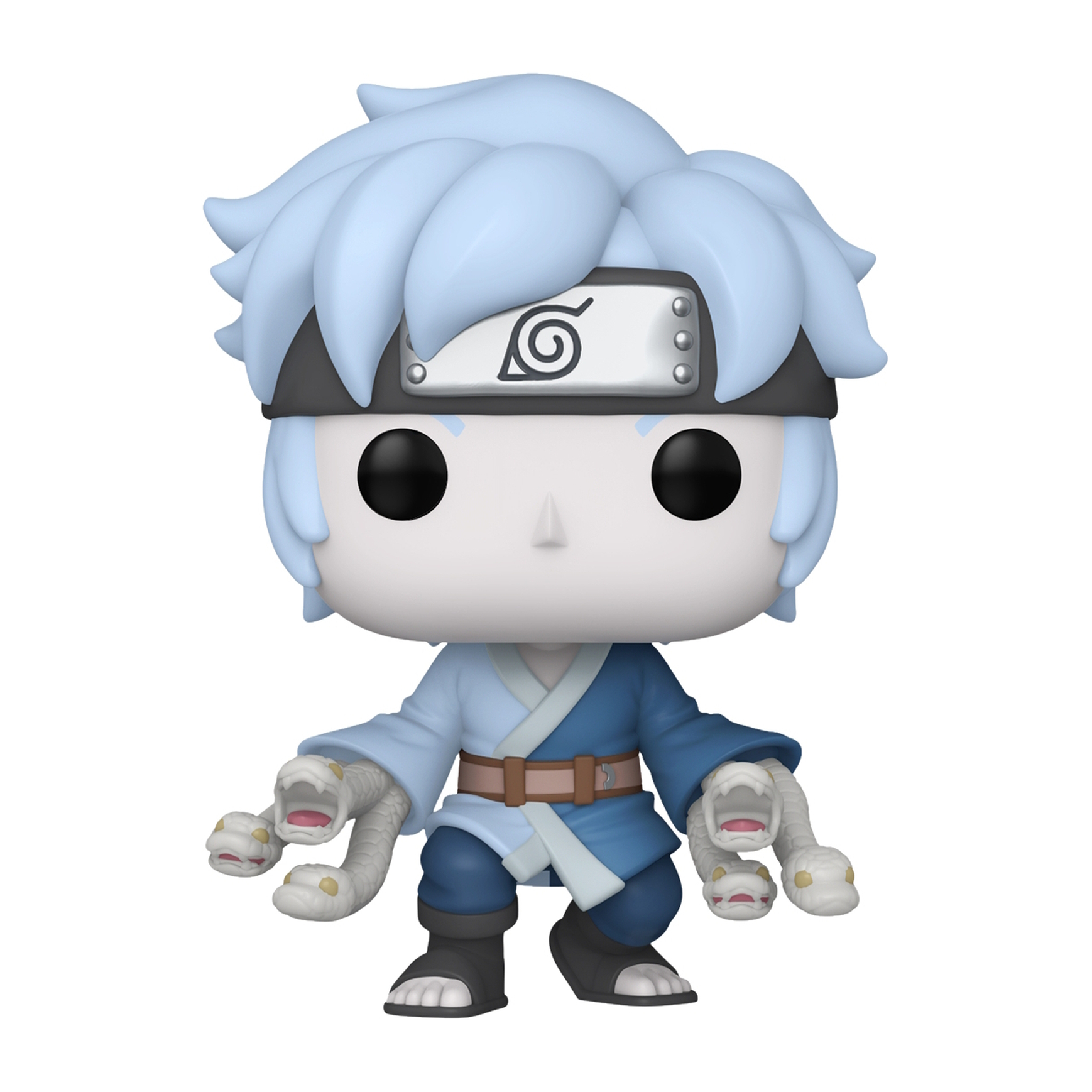 Figura di Mitsuki. Capelli azzurri, indossa un completo blu e una fascia. Sfondo bianco.