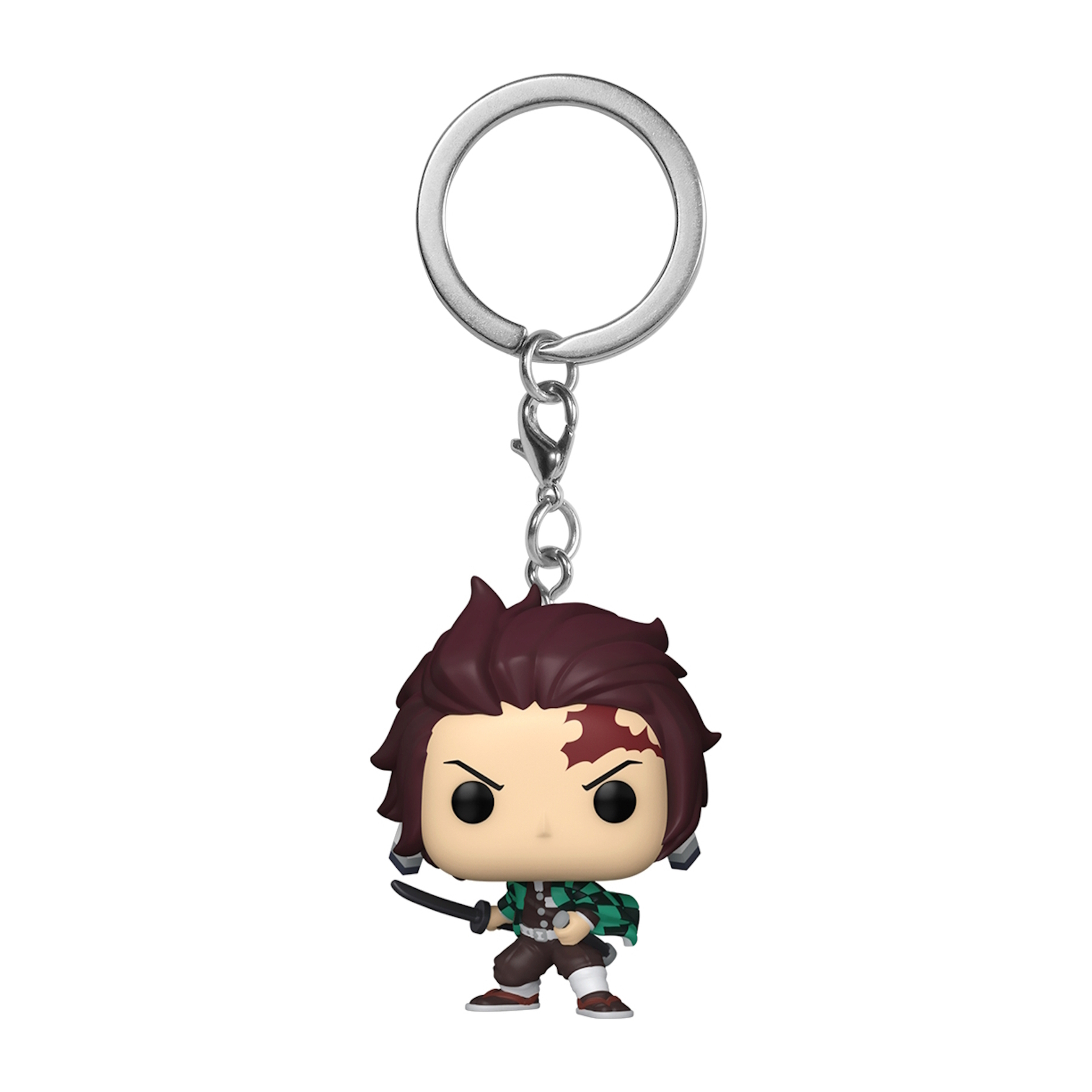 Un porte-clés Funko Pop! d'un personnage de Demon Slayer, avec une épée et un anneau.