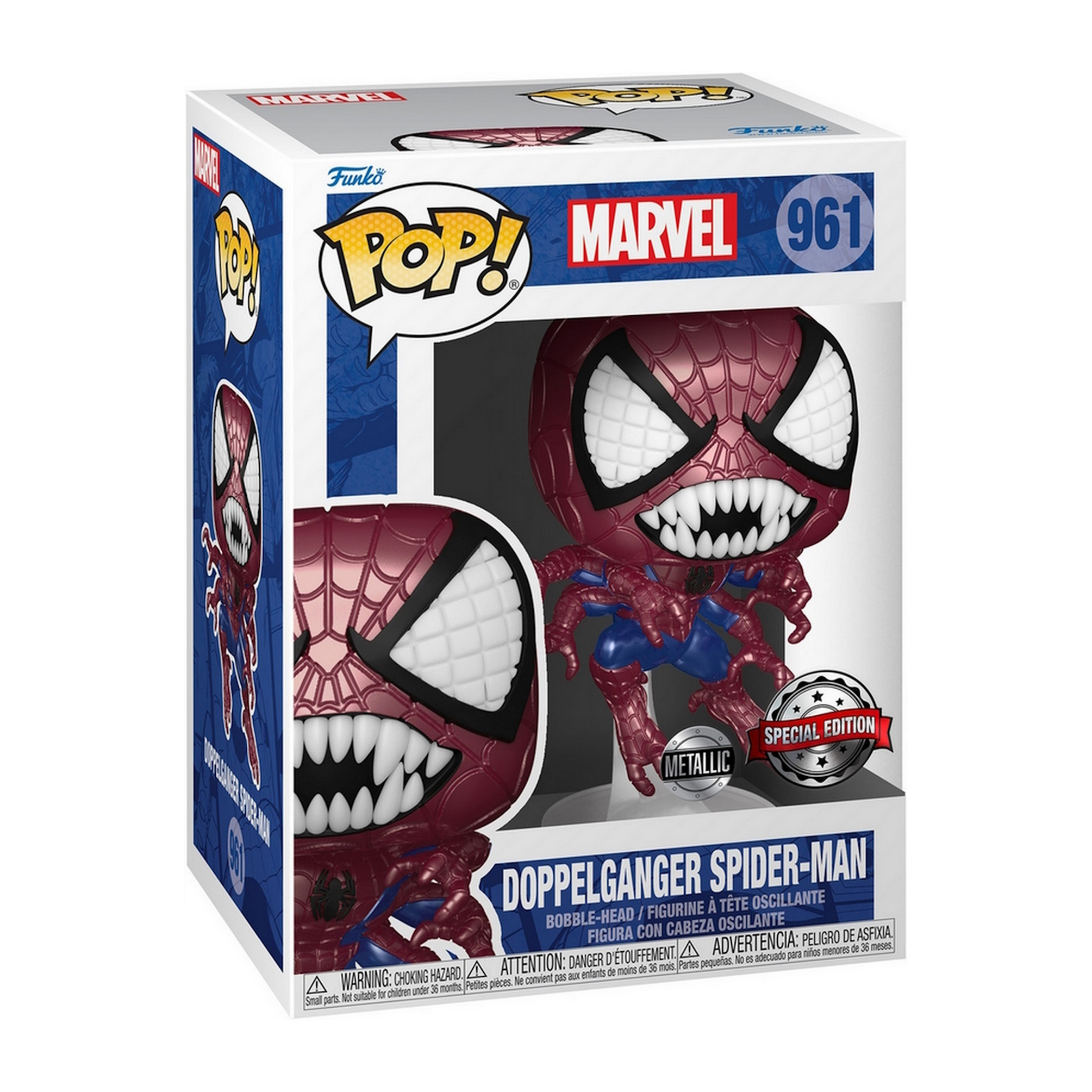 Figura Funko Pop di Spider-Man Doppelganger in scatola, con bocca grande aperta.