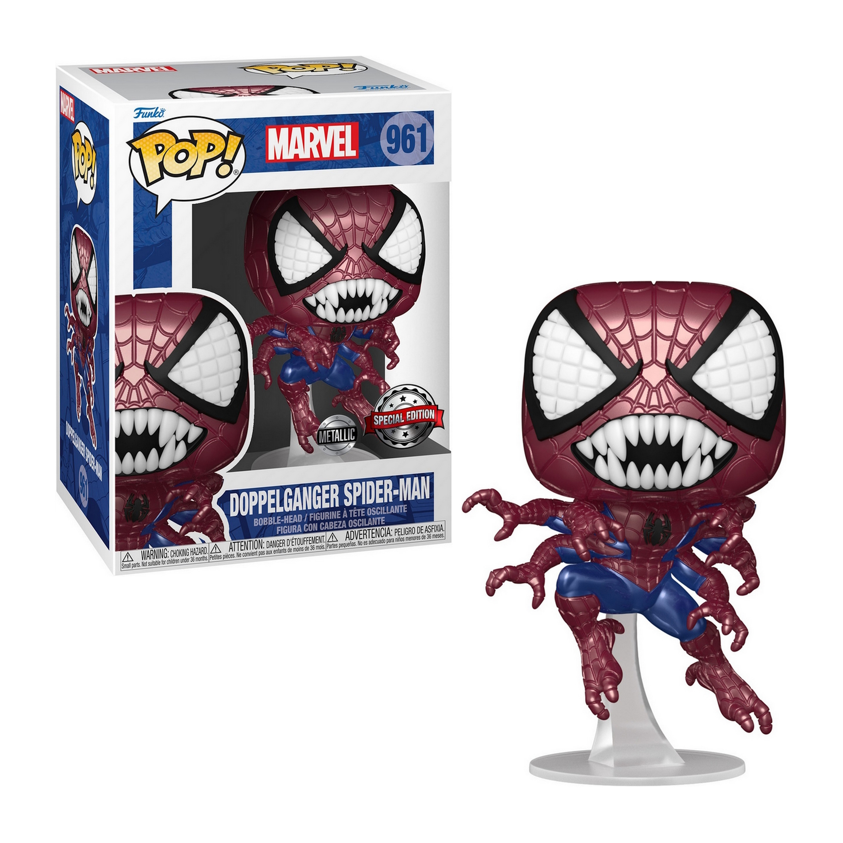 Action figure di Spider-Man con scatola. È una figura rossa e blu con molte braccia e una faccia spaventosa.