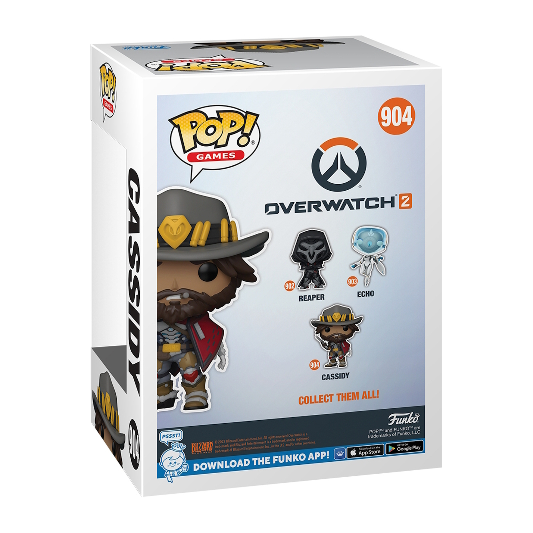 Scatola di Overwatch 2 Cassidy Funko Pop. La scatola mostra il personaggio e altre figure.