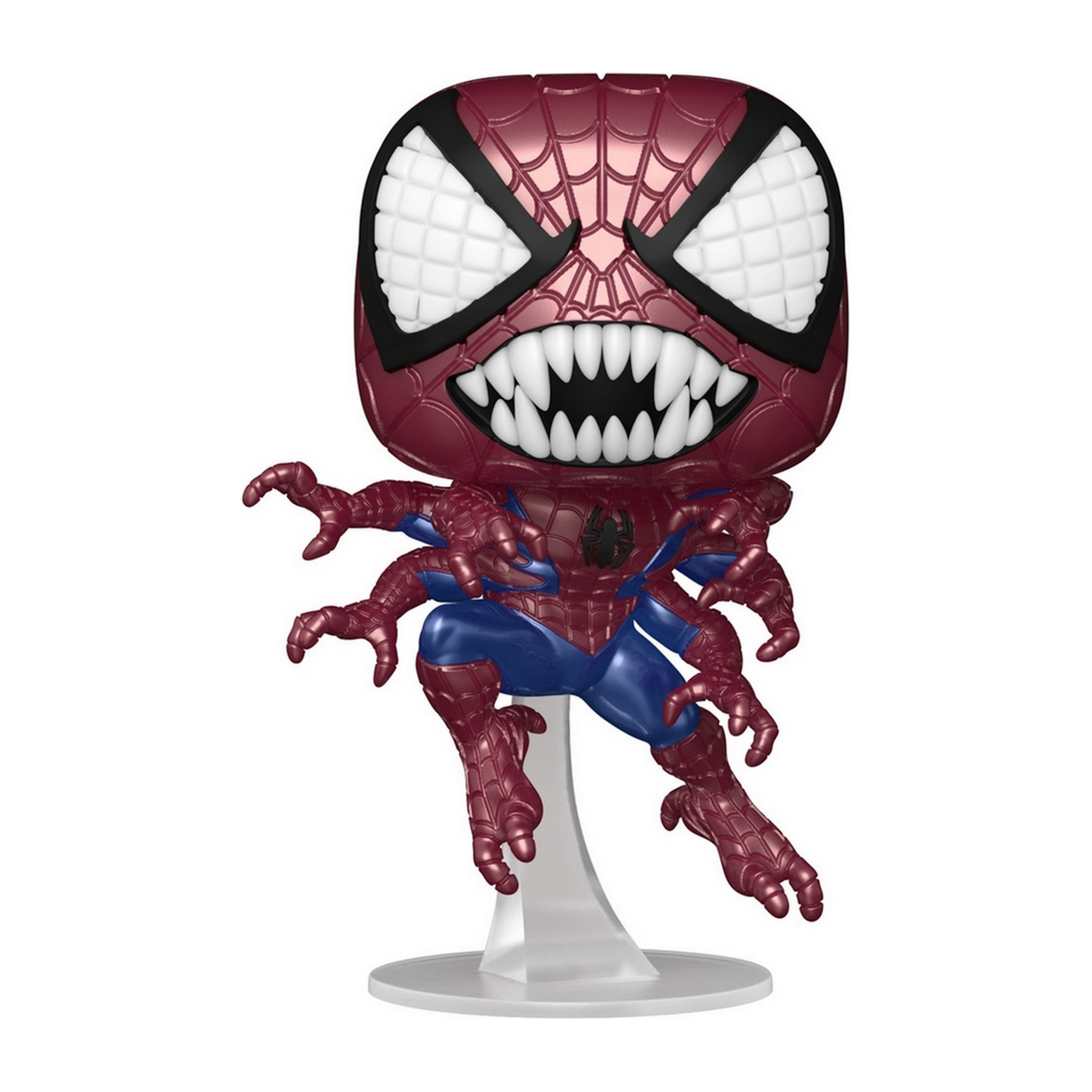 Personaggio Funko Pop di Spider-Man. Costume rosso e blu, più braccia, bocca aperta. Supporto bianco. Sfondo bianco.