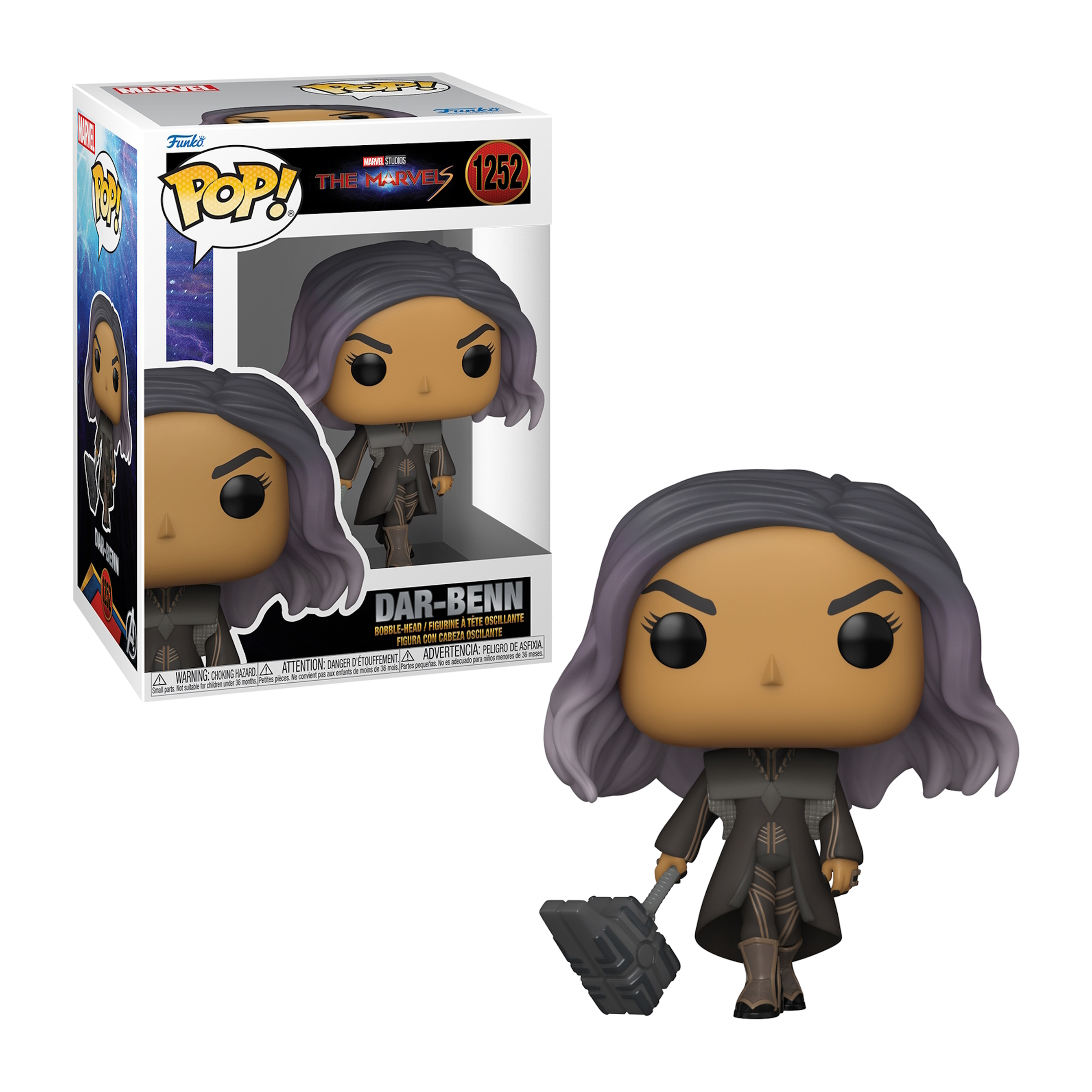 Funko Pop Box und Figur von Dar-Benn aus The Marvels. Die Figur trägt ein dunkles Outfit und hält eine Waffe.