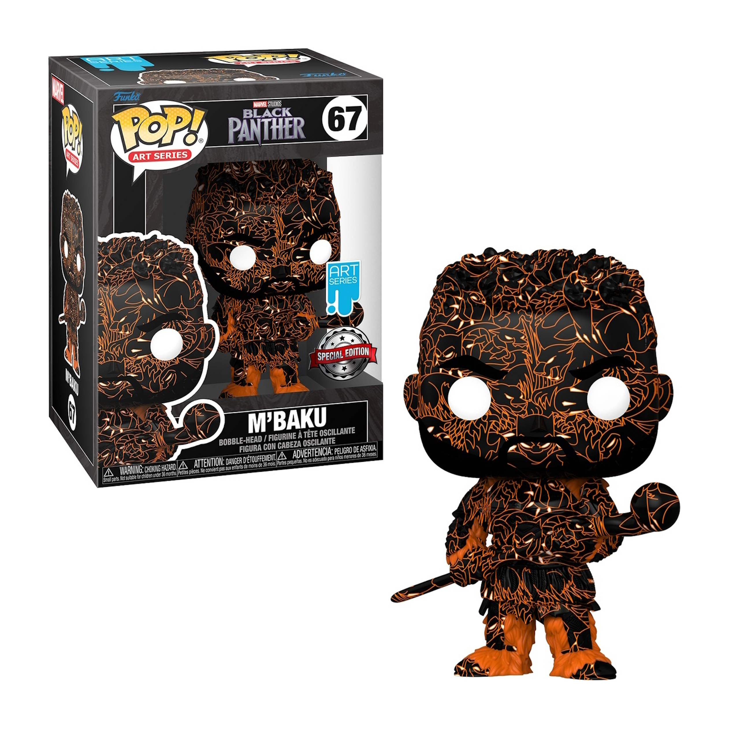 Figura Funko Pop di M'Baku, a fantasia nera e arancione, con un bastone, con scatola.