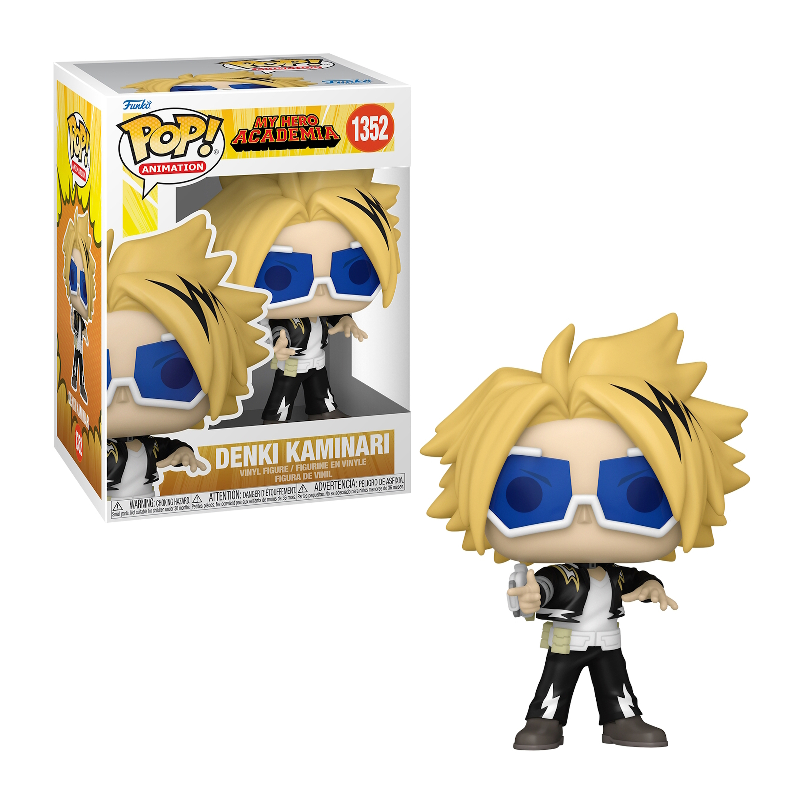 Figura Funko Pop de Denki Kaminari con la caja. Tiene cabello amarillo y gafas azules. Sostiene una pistola.
